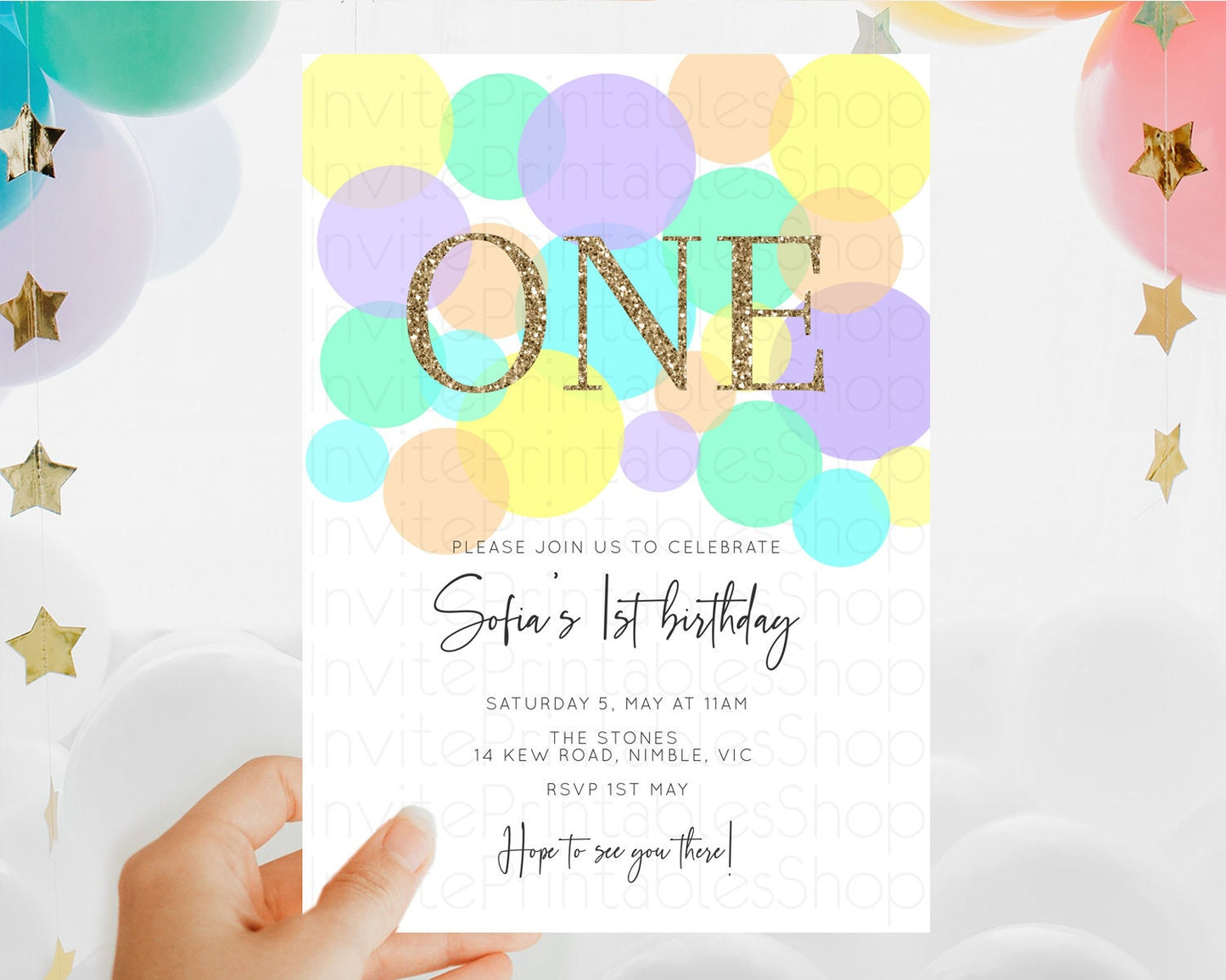 Pastel Birthday Invitation Pastel Confetti Birthday Invitation Bubbles Invitation Colorful Rainbow Confetti 2nd 1st First Birthday D10415