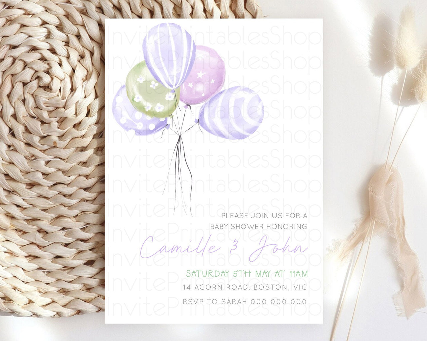 Pastel Purple Balloon Baby Shower Invitation Pastel Balloon Invitation Pastel Purple Green Invitation Balloon Baby Shower Theme d23103