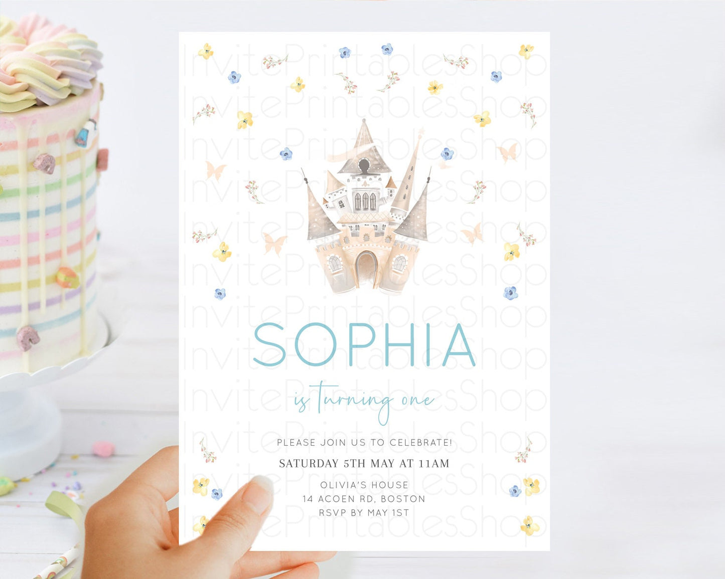 Princess Birthday Invitation Castle Invitation Royal Birthday Fairy Tale Enchanted Castle Pastel Floral Garden 1st First Birthday D10365