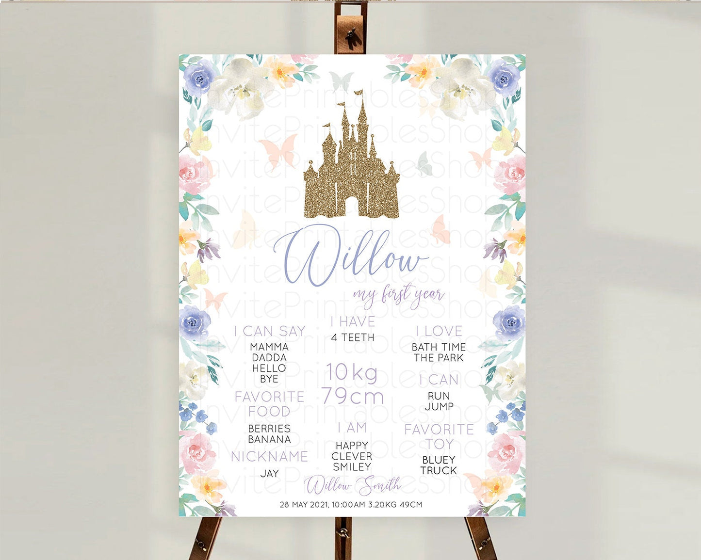 Princess First Birthday Milestone Poster Castle Milestone Board Secret Garden Enchanted Castle Pastel Floral Garden First Birthday D10931