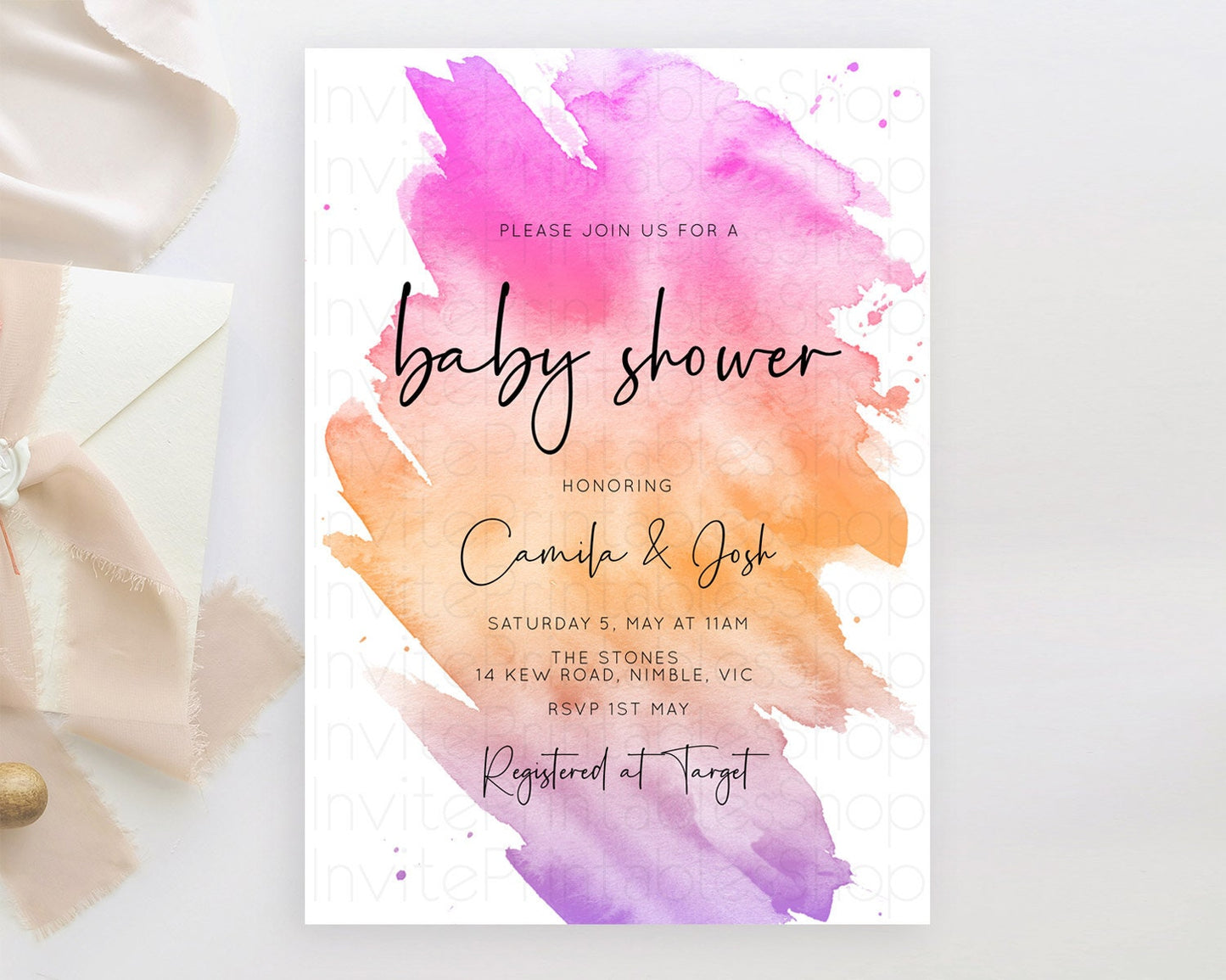 Pastel Baby Shower Invitation Rainbow Baby Shower Invitation Colorful Pastel Watercolor Invitation Gold Glitter Sprinkles Ombre D10488