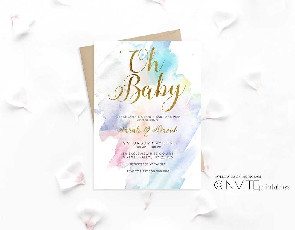 Rainbow Baby Shower Invitation Pastel Colorful Watercolor Gold Glittery Foil Cursive Writing Pink Blue Green Yellow Boy Girl Modern 42