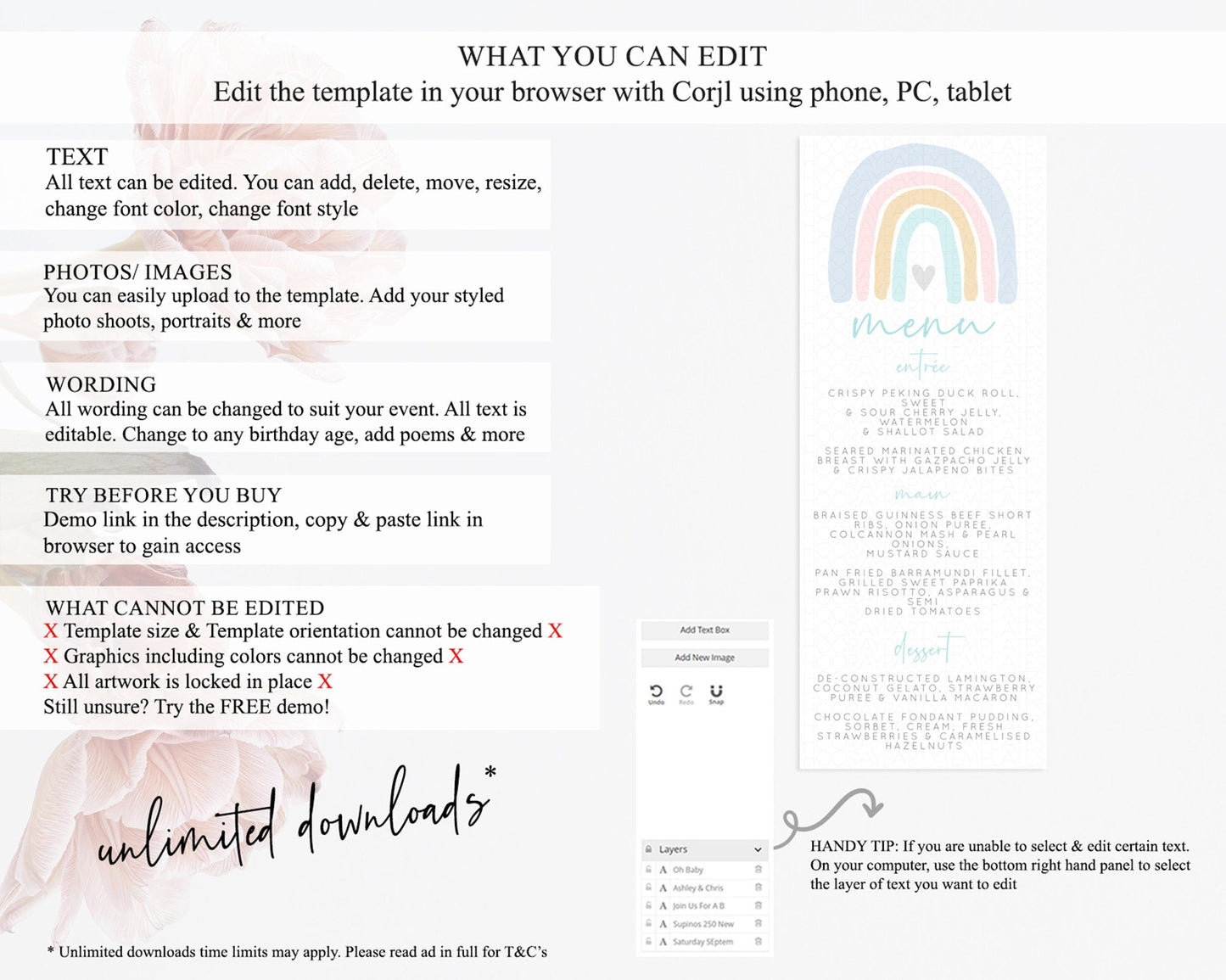 Pastel Rainbow Menu Boho Rainbow Menu Template Rainbow Boho Table Decor Pastel Rainbow Dinner Dessert Menu Rainbow Party Food Menu D10214