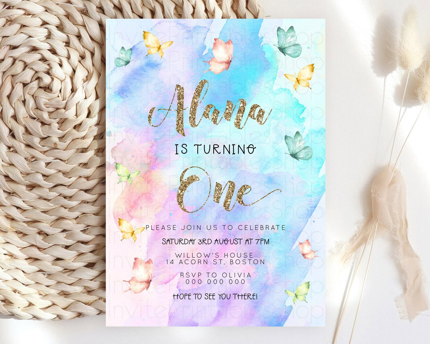 Pastel Butterfly Birthday Invitation Butterfly Birthday Invitation Colorful Splash Glitter Butterfly Garden 1st 2nd Birthday D23246