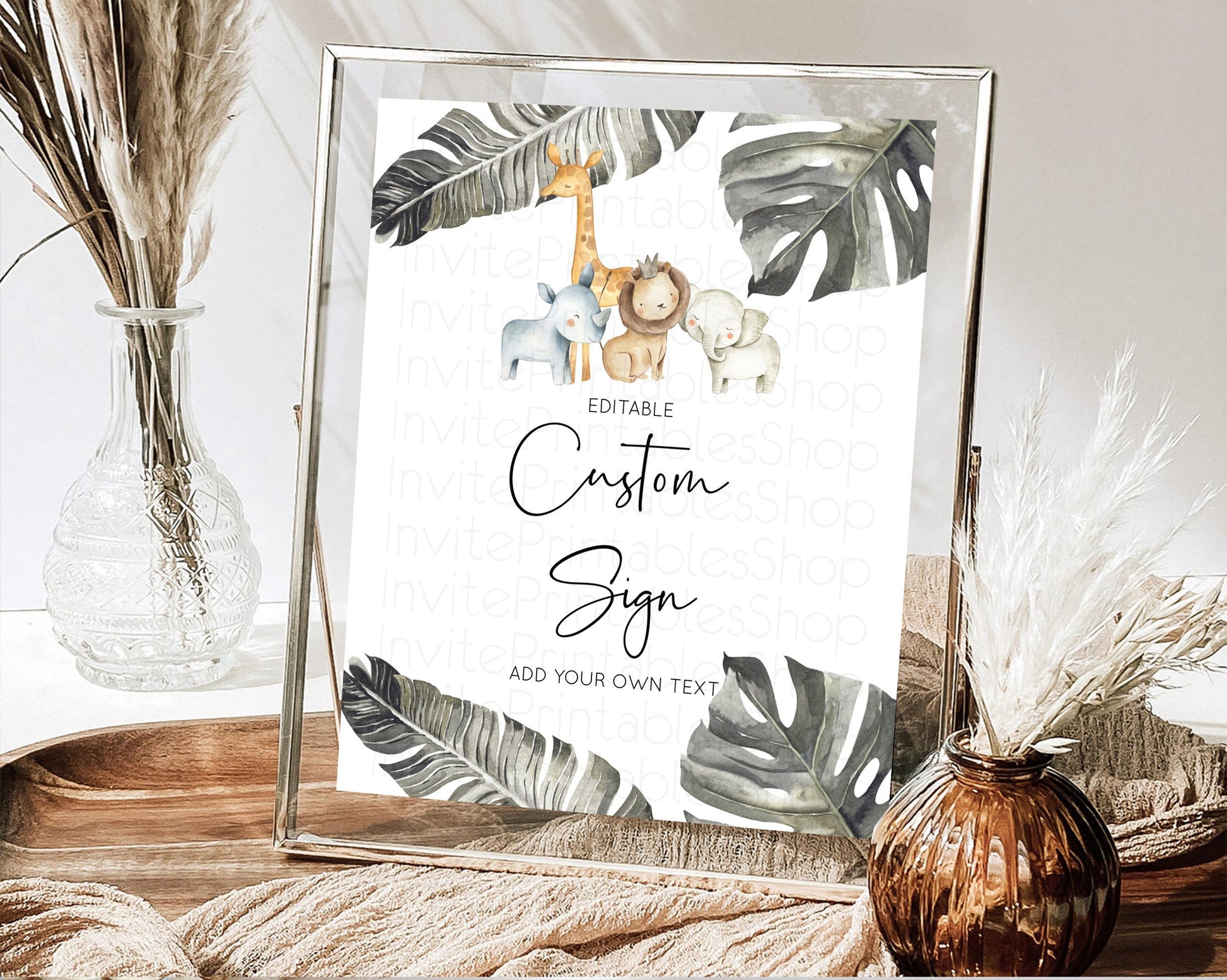 Editable Safari Adventure Table Sign Decor Lion Gorilla Elephant Rhino Anima