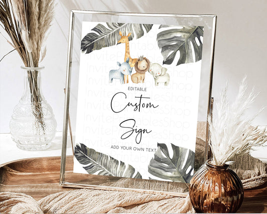 Editable Safari Adventure Table Sign Decor Lion Gorilla Elephant Rhino Anima