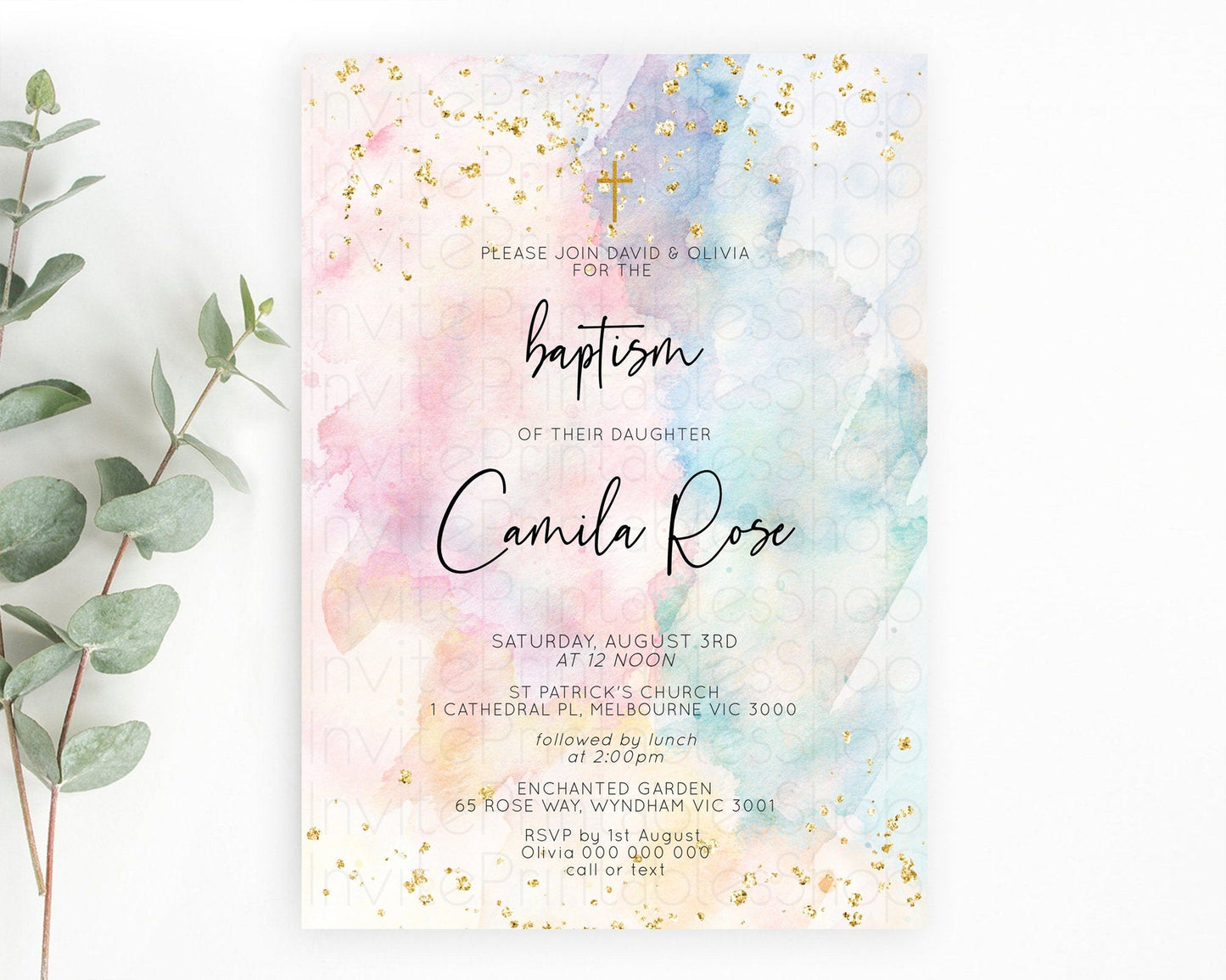 Pastel Baptism Invitation Pastel Colors Watercolor Baptism 1st Birthday Party Gold Ombre Pastel Rainbow Christening Holy Communion D10276