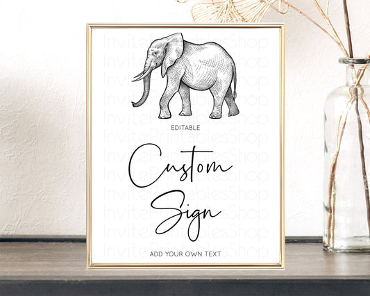 Editable Elephant Sign Elephant Safari Adventure Party Table Sign Decor Drie