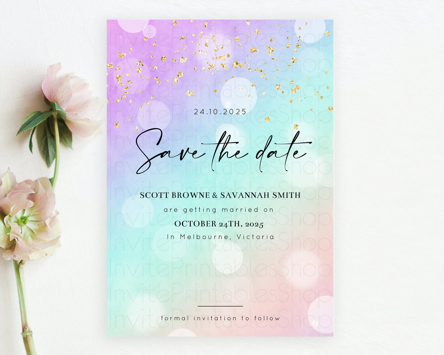 Pastel Save The Date Template Pastel Ombre Rainbow Watercolor Colorful Party For Birthday Baptism Baby Shower Wedding Bridal Shower D10618