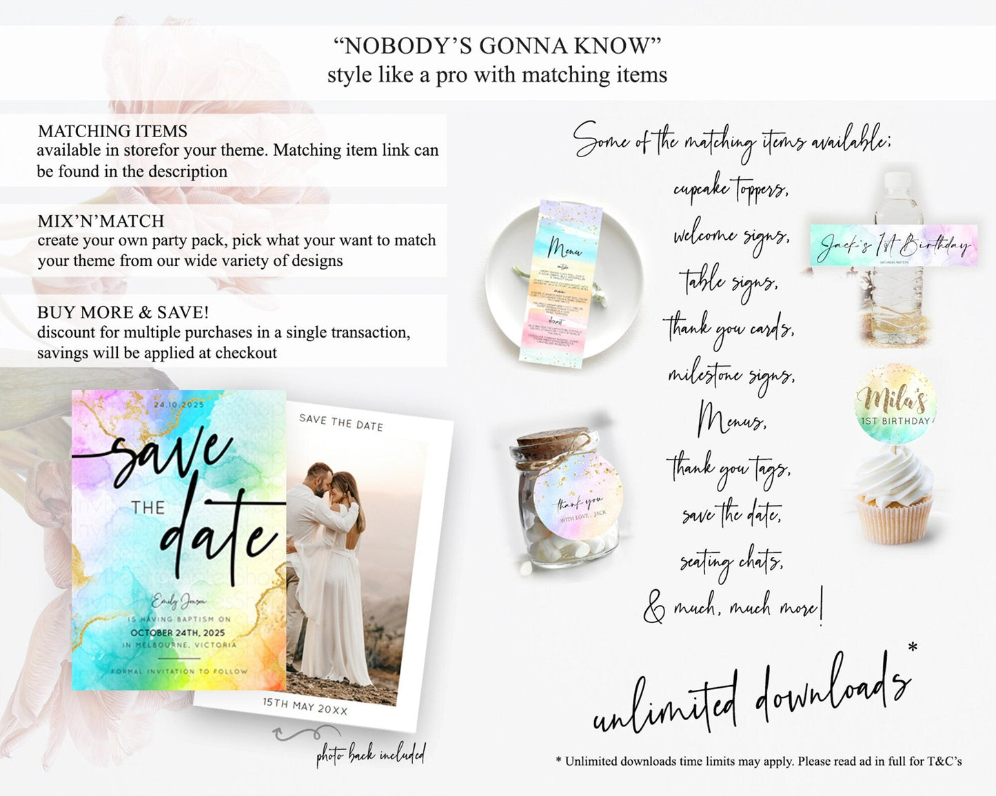 Pastel Save The Date Template Pastel Ombre Rainbow Watercolor Colorful Party For Birthday Baptism Baby Shower Wedding Bridal Shower D10390