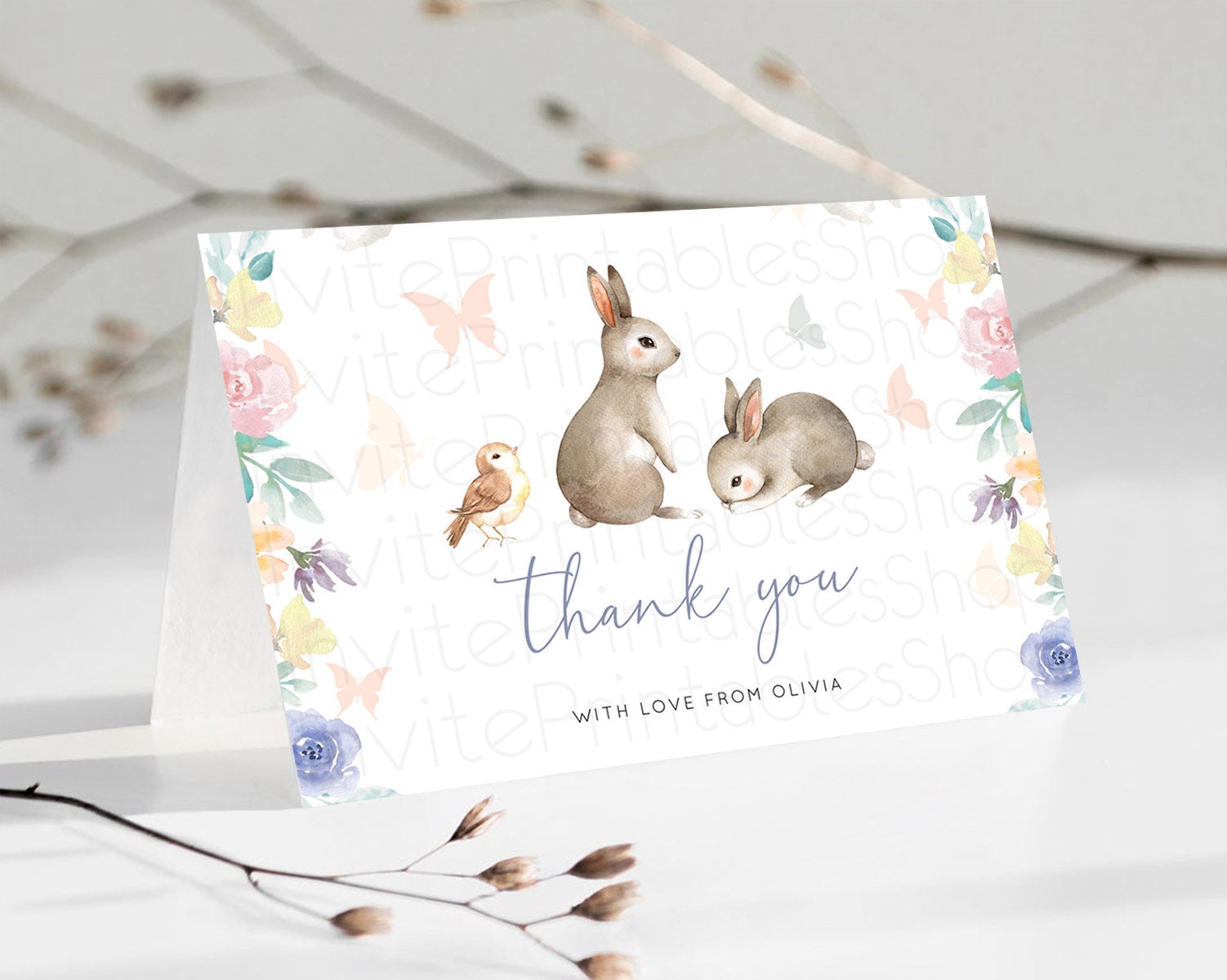 Editable Bunny Thank You Floral Bunny Thank You Card Pastel Flowers Bunny Bi