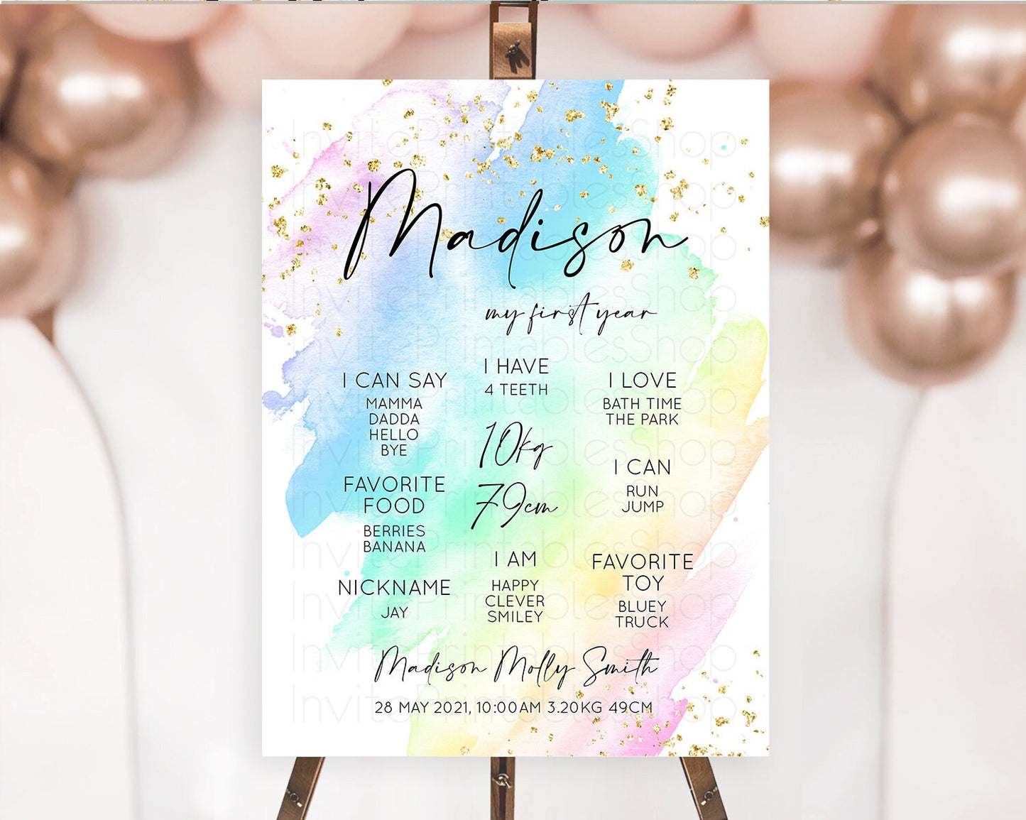 Pastel First Birthday Milestone Board Pastel Rainbow Milestone Poster Colorful Confetti Watercolor Glitter 1st Birthday Welcome Sign D10640
