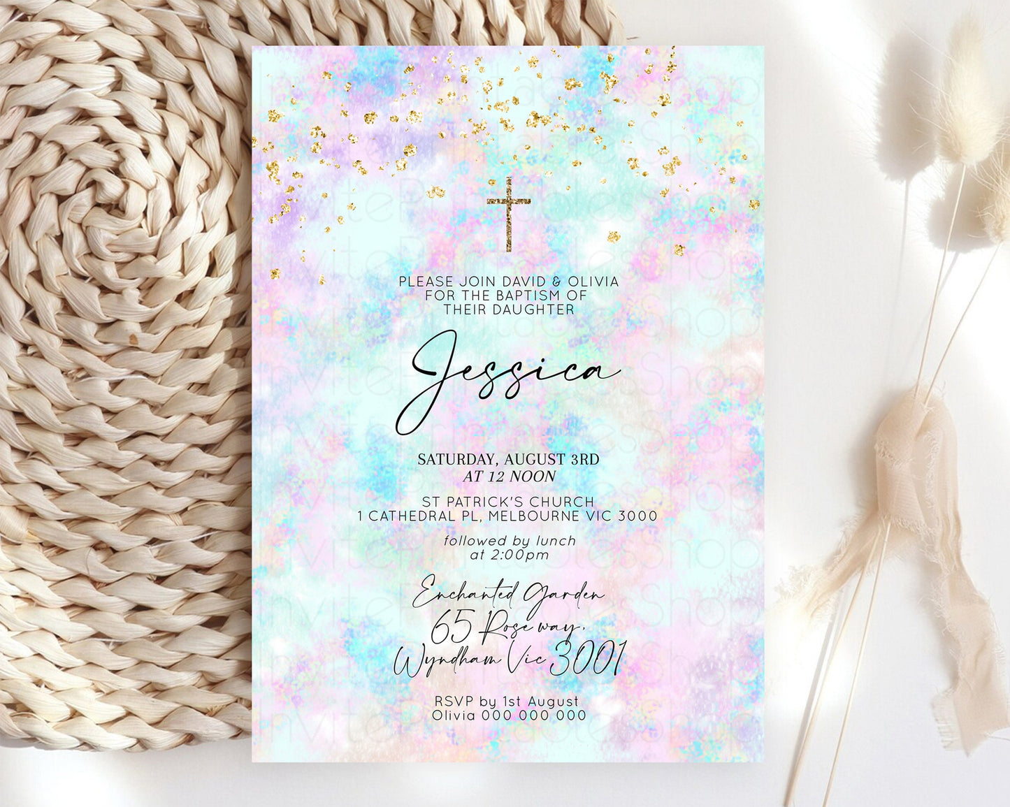 Pastel Baptism Invitation Rainbow Christening Invitation Holy Communion Invite Baptism 1st Birthday Sprinkles Ombre Watercolor Splash 605