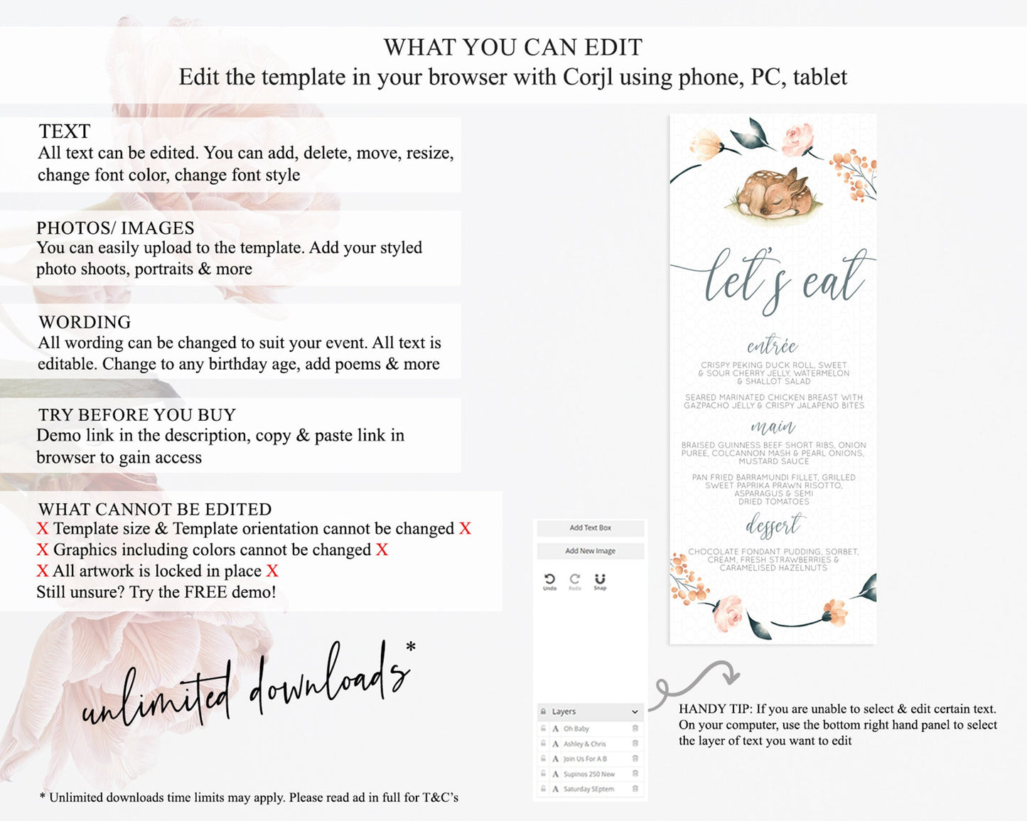 Fawn Menu Deer Menu Template Pastel Floral Deer Table Decor Enchanted Forest Butterfly Floral Dinner Dessert Menu Party Food Menu D10790