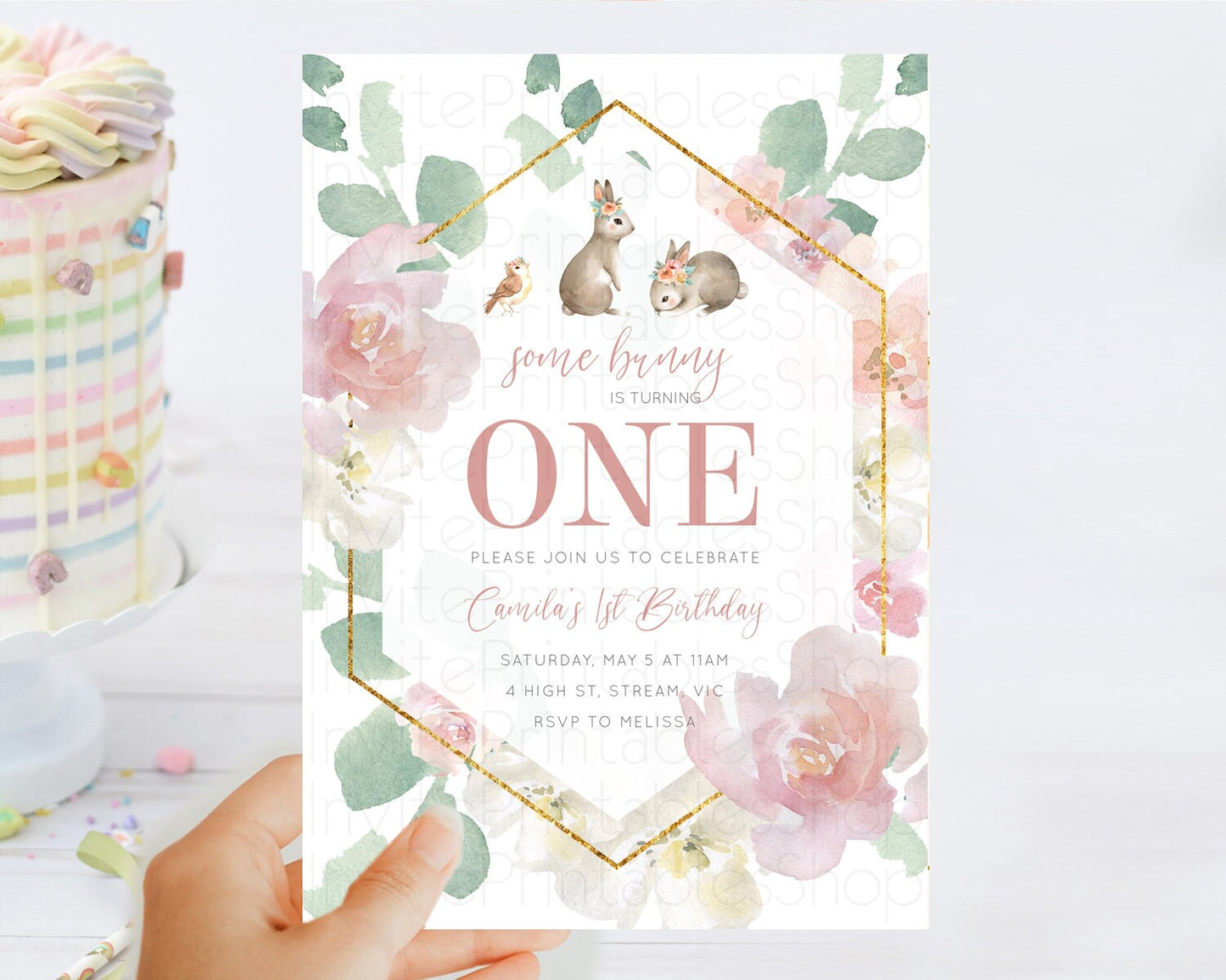 Bunny Birthday Invitation Floral Bunny Invitation Pastel Bunny Invites Pastel Watercolor Woodland Bunny Party 2nd 1st First Birthday D11034