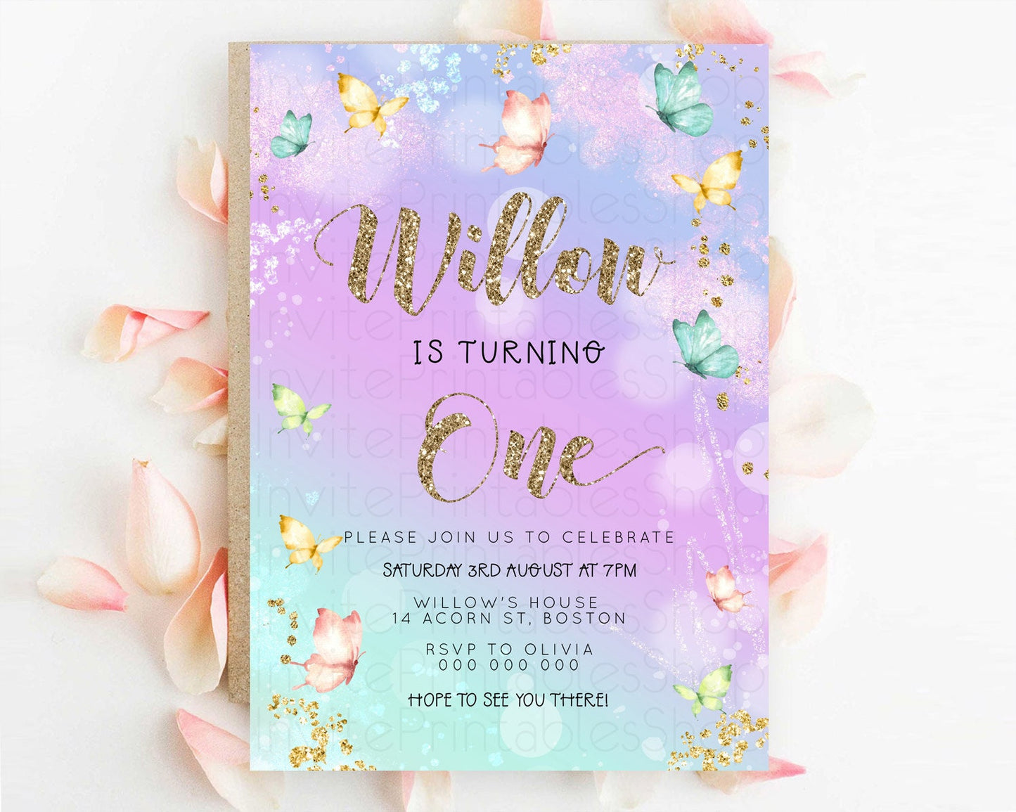 Pastel Butterfly Birthday Invitation Butterfly Birthday Invitation Colorful Splash Glitter Butterfly Garden 1st 2nd Birthday D23091