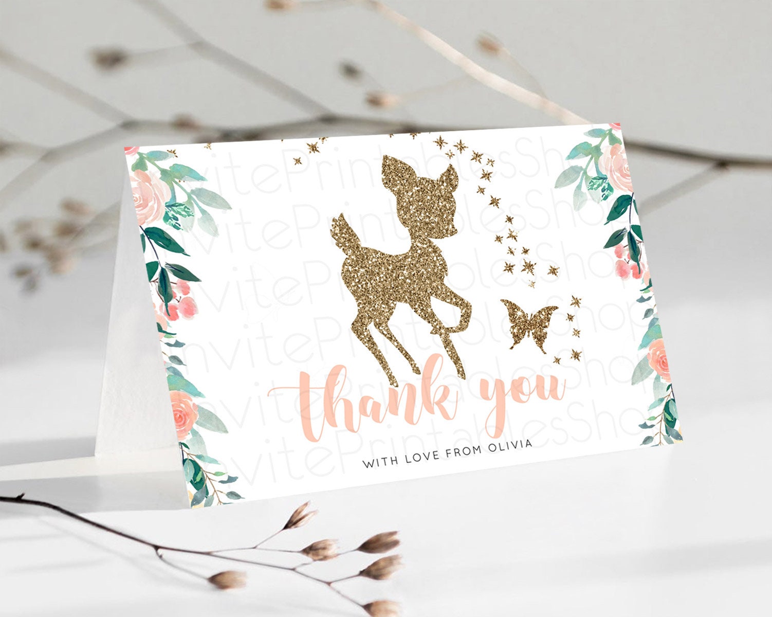 Editable Fawn Thank You Deer Thank You Card Pastel Floral Deer Birthday Than
