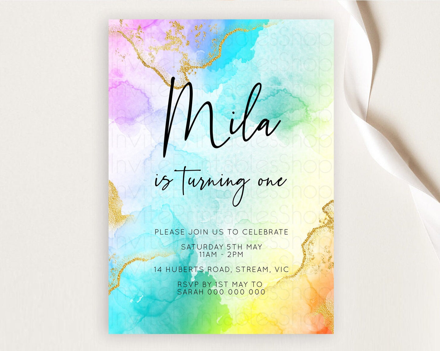 Rainbow Birthday Invitation Colorful Pastel Watercolor Invitation Gold Glitter Sprinkles Ombre Pastel 1st 2nd 3rd Birthday D10390