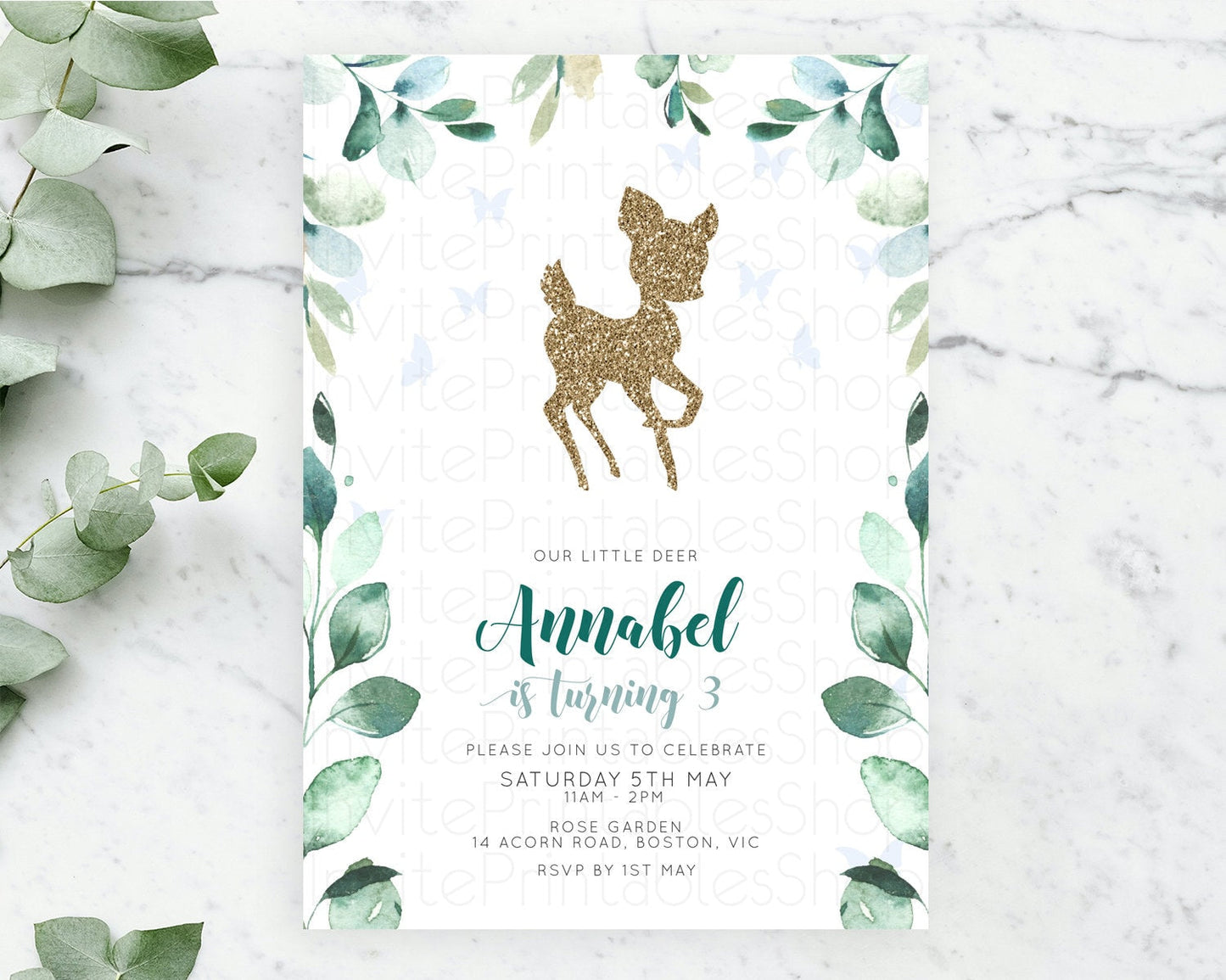 Fawn Birthday Invitation Deer Birthday Invitation Enchanted Forest Party Butterfly Pastel Flowers Whimsical 2nd 1st First Birthday D10882