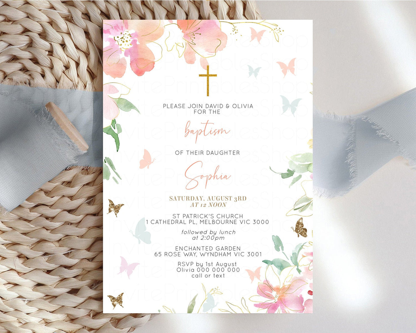 Secret Garden Baptism Invitation Floral Garden Christening Invite Enchanted Forest Invite Whimsical Floral Invite Botanical Pastel Pink 91