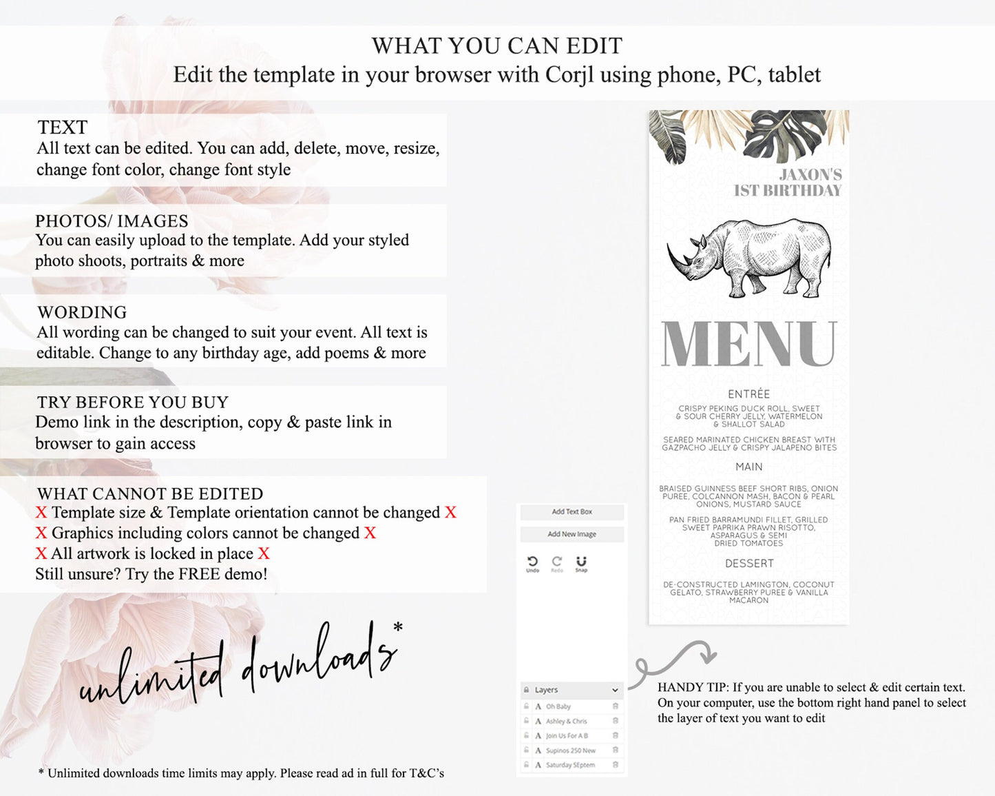 Rhino Menu Rhino Menu Template Rhino Party Table Decor Safari Adventure Decor Rhino Dinner Dessert Menu Rhino Party Food Menu D10826