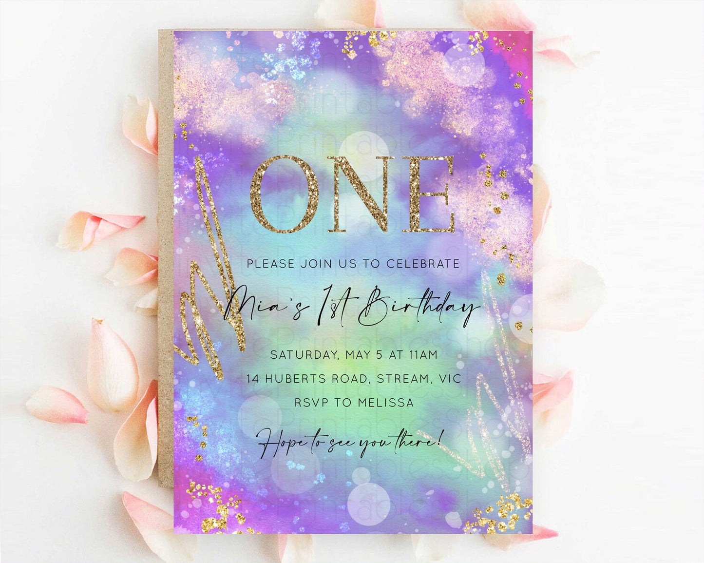 Rainbow Birthday Invitation Colorful Pastel Watercolor Invitation Gold Glitter Sprinkles Ombre Pastel 1st 2nd 3rd Birthday D10680