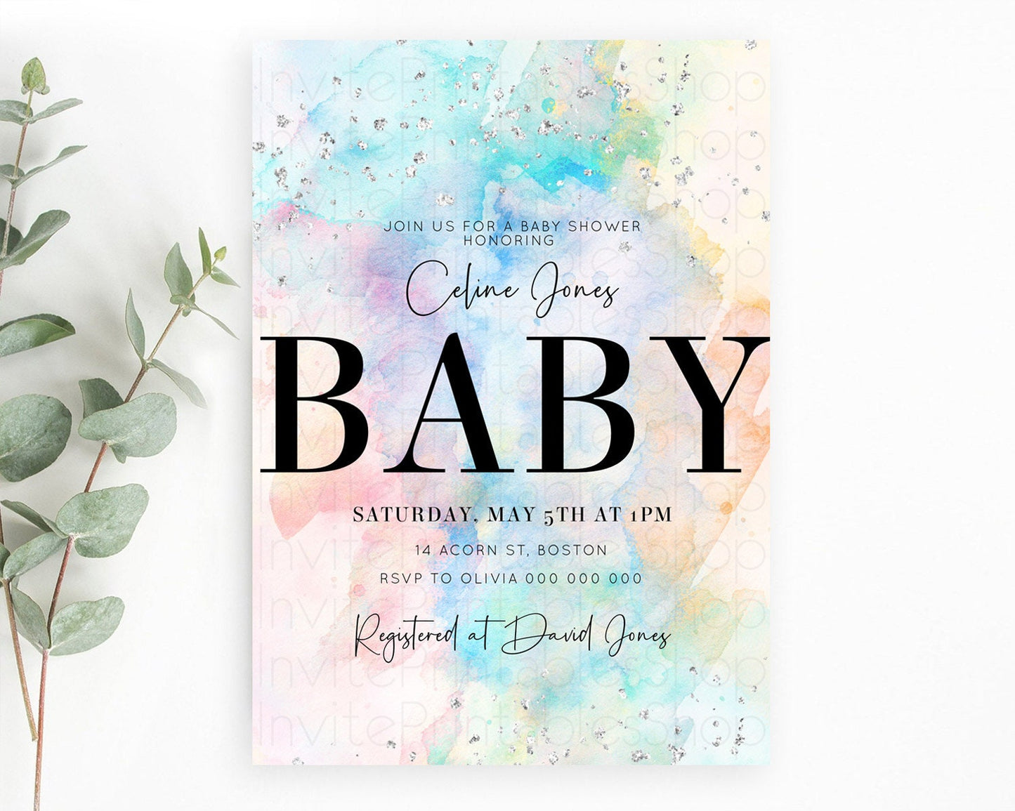 Pastel Rainbow Baby Shower Invitation, Pastel Watercolor, Colorful Ombre Splash with Silver Sprinkles- Teal Blue, Orange, Yellow Pink D11031