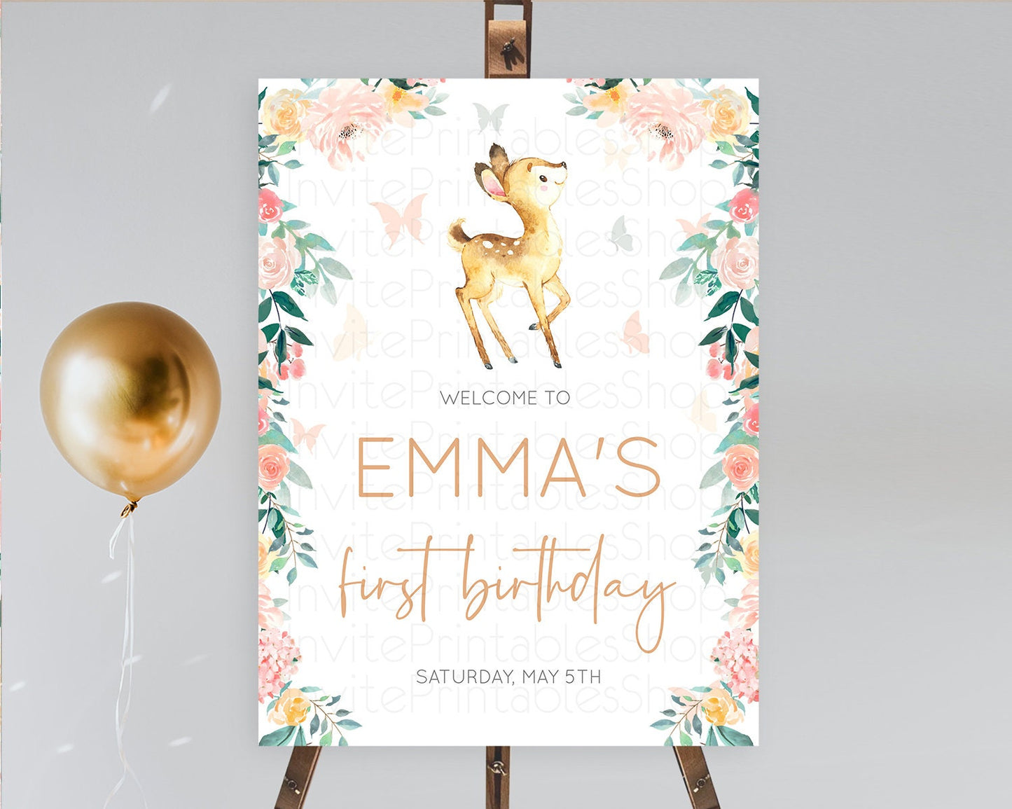 Fawn Welcome Sign Deer Welcome Board Floral Deer Welcome Poster Enchanted Forest Butterfly Pastel Floral First Birthday Welcome Sign D10753