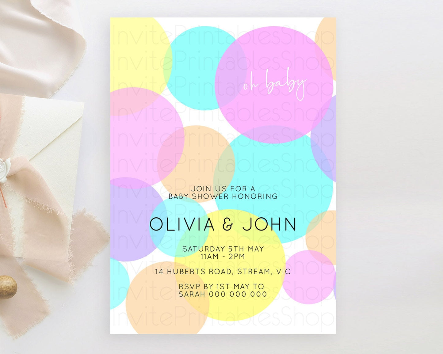 Pastel Rainbow Baby Shower Invitation, Confetti, Sprinkles, Bubbles Pink, Blue, Yellow Cute for Boy or Girl Gender Reveal Celebration D10406
