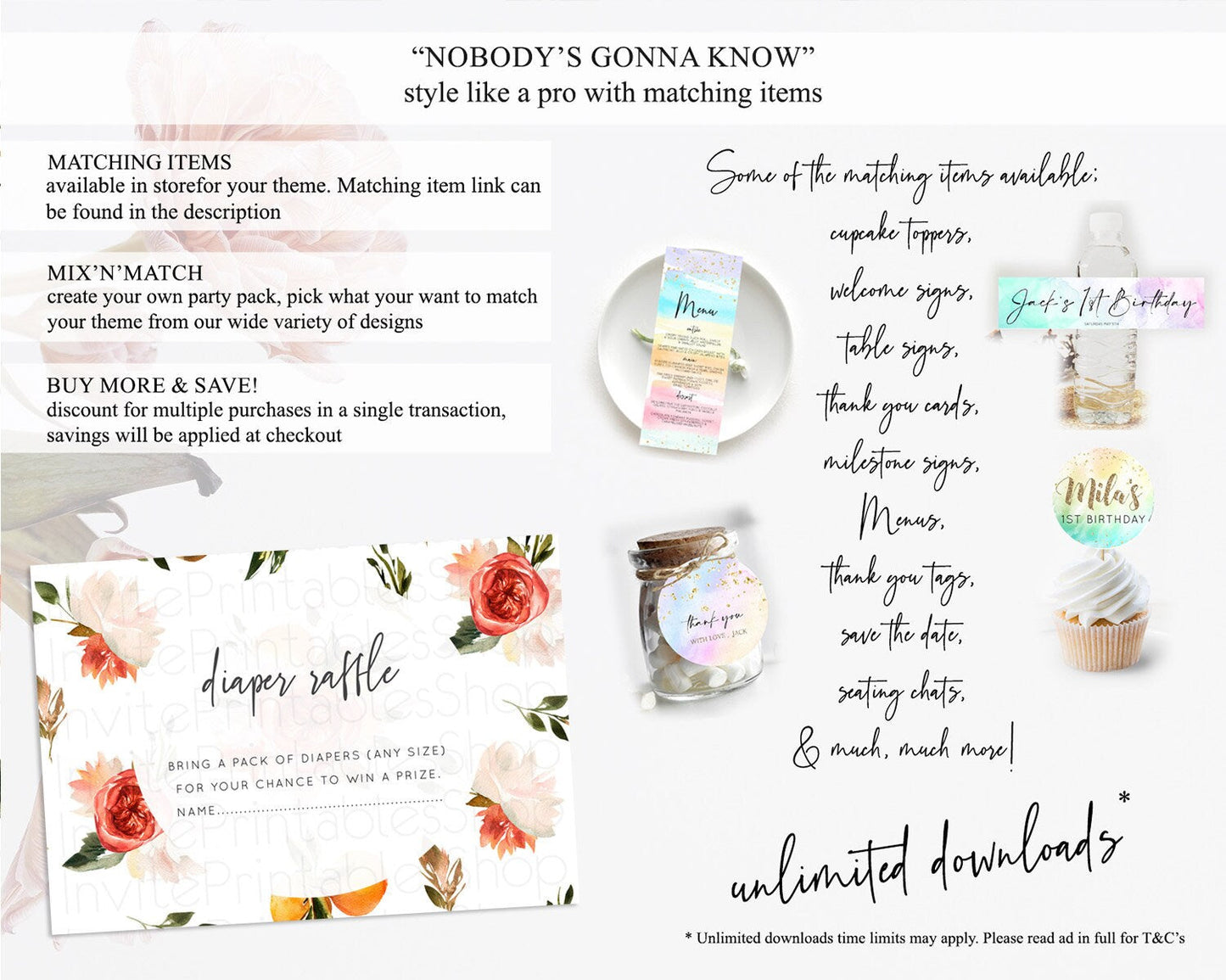 Secret Garden Diaper Raffle Card Boho Wildflower Diaper Raffle Insert Pastel Flower Garden Baby Shower Card Flower Raffle Game D10540
