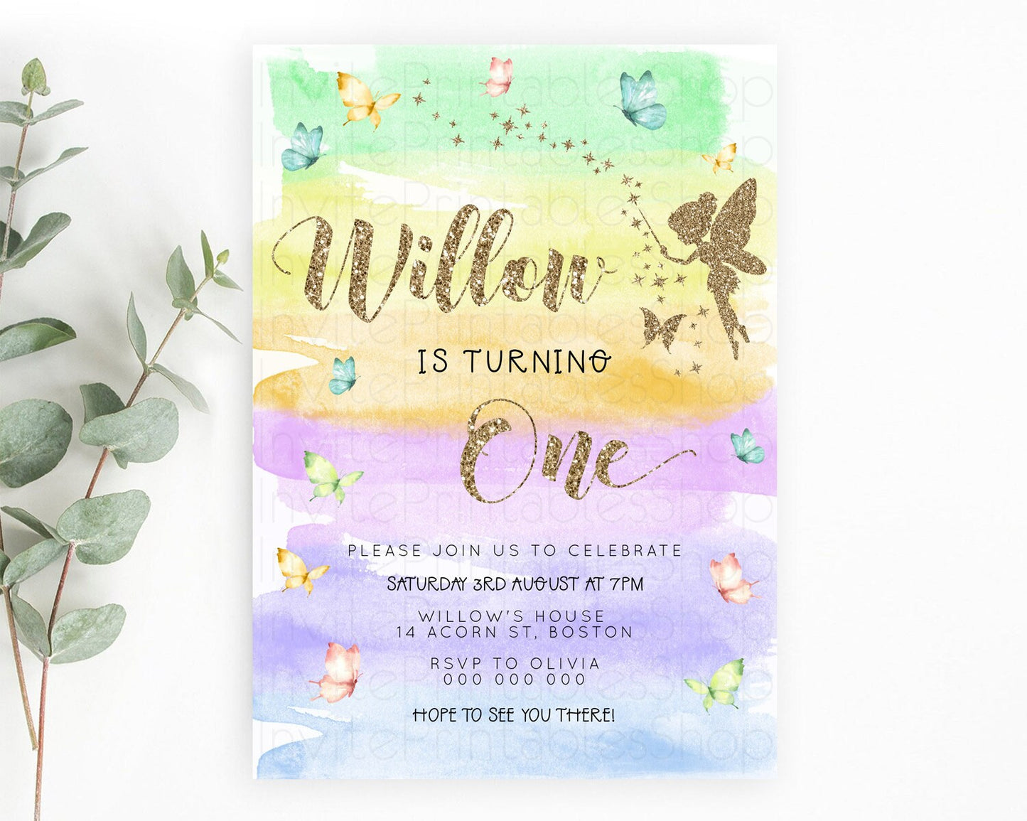 Pastel Fairy Birthday Invitation Pastel Butterflies Fairy Birthday Invitation Rainbow Ombre Watercolor 1st 2nd Birthday Invitation D23322