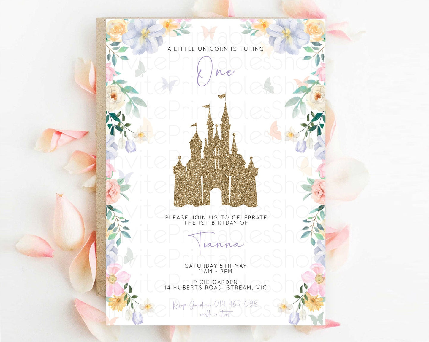 Princess Birthday Invitation Castle Invitation Royal Birthday Fairy Tale Enchanted Castle Pastel Floral Garden 1st First Birthday D10469