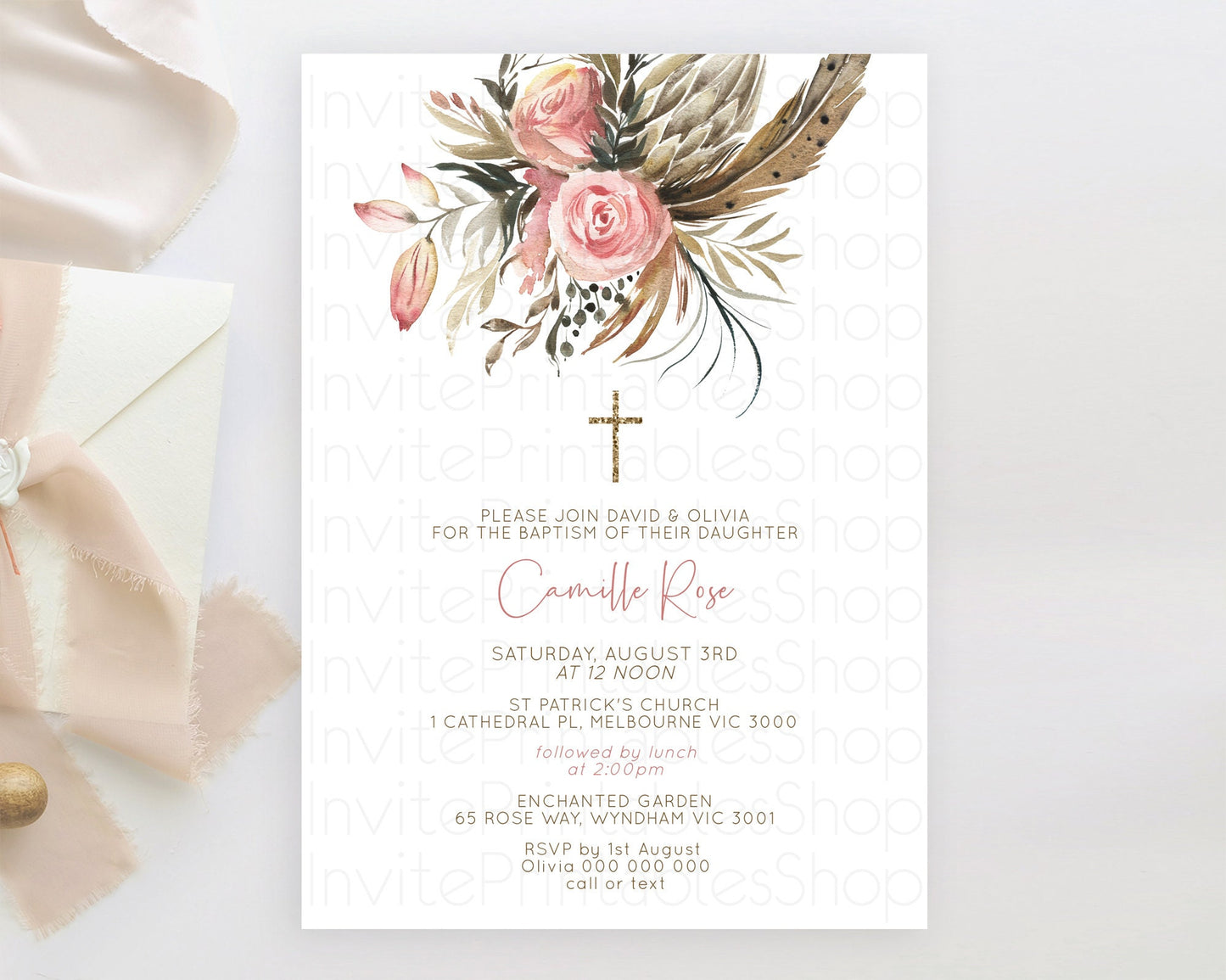 Secret Garden Baptism Invitation Wildflower Baptism Birthday Invite Pastel Flowers Christening Invite Enchanted Garden Boho Floral  D10686