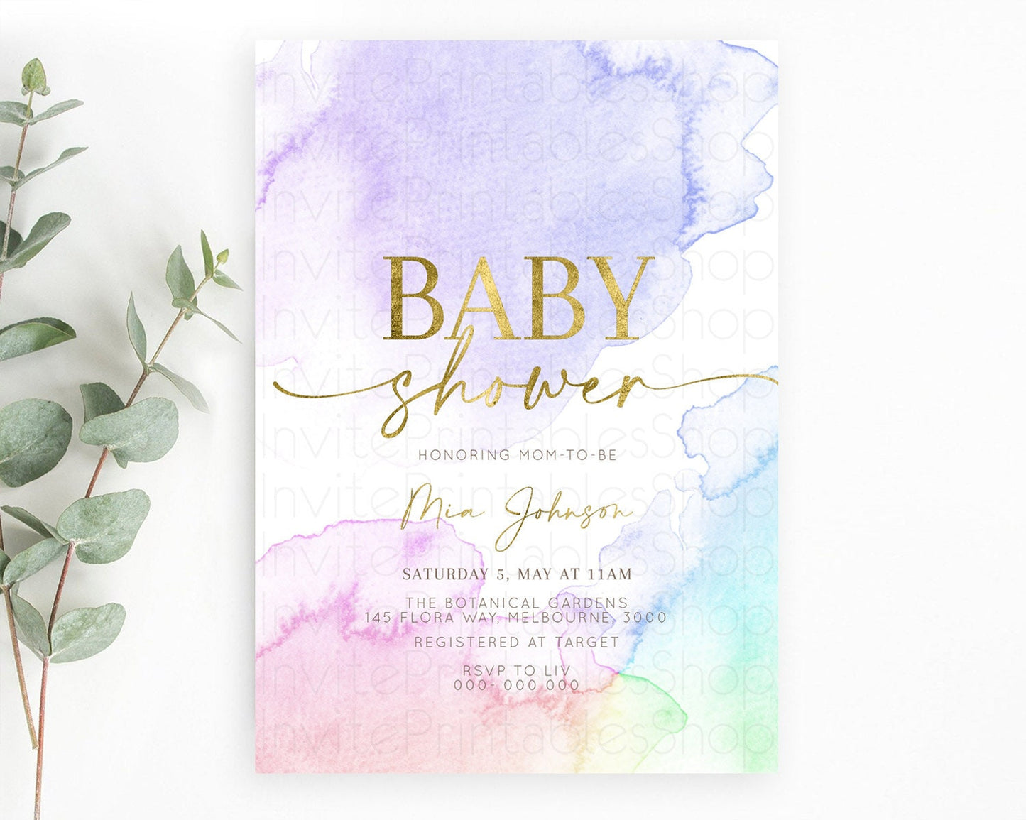 Pastel Baby Shower Invitation Rainbow Baby Shower Invitation Colorful Pastel Watercolor Invitation Gold Glitter Sprinkles Ombre D10215