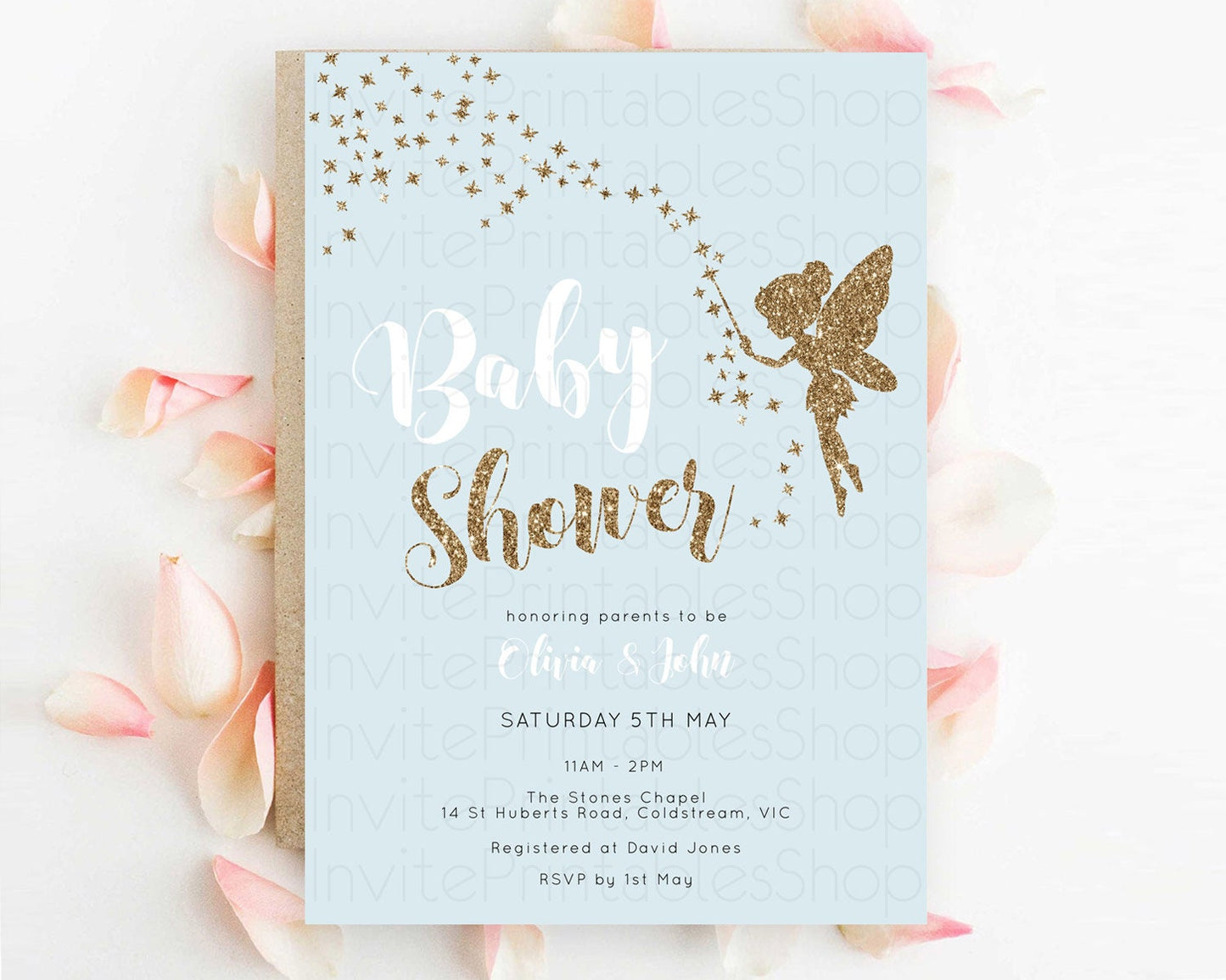 Fairy Baby Shower Invitation, Enchanted Garden, Secret Garden, Pastel Blue, Glittering Magic, Pixie Dust, Whimsical Fairy, Butterfly D10907