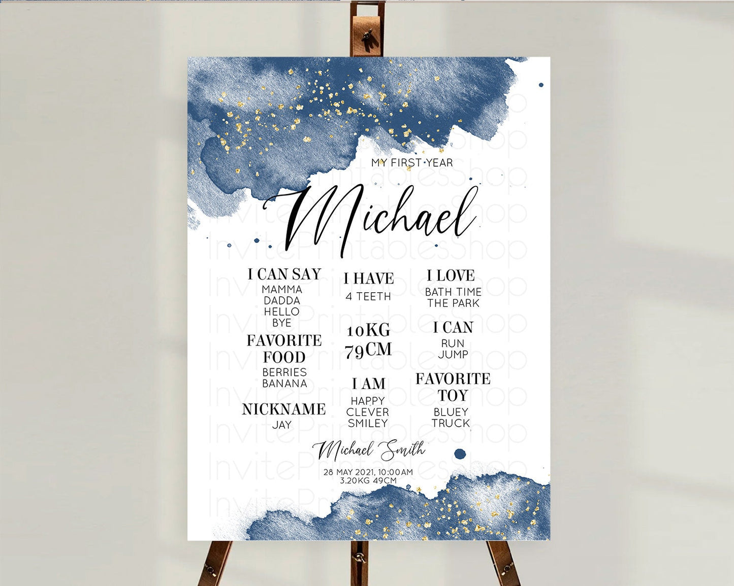 Blue First Birthday Milestone Poster Blue Watercolor Milestone Board Pastel Blue Watercolor Splash Milestone Board 1st Birthday Sign D10312