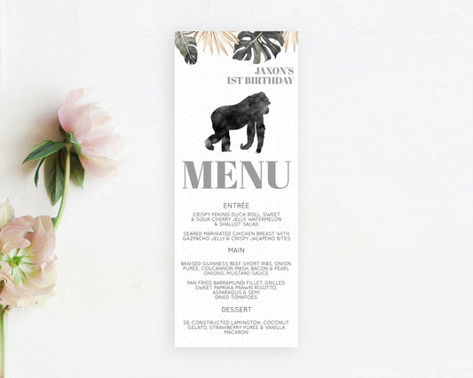 Gorilla Menu Gorilla Menu Template Gorilla Table Decor Safari Forest Adventure Decor Wild Gorilla Dinner Dessert Party Food Menu D10804