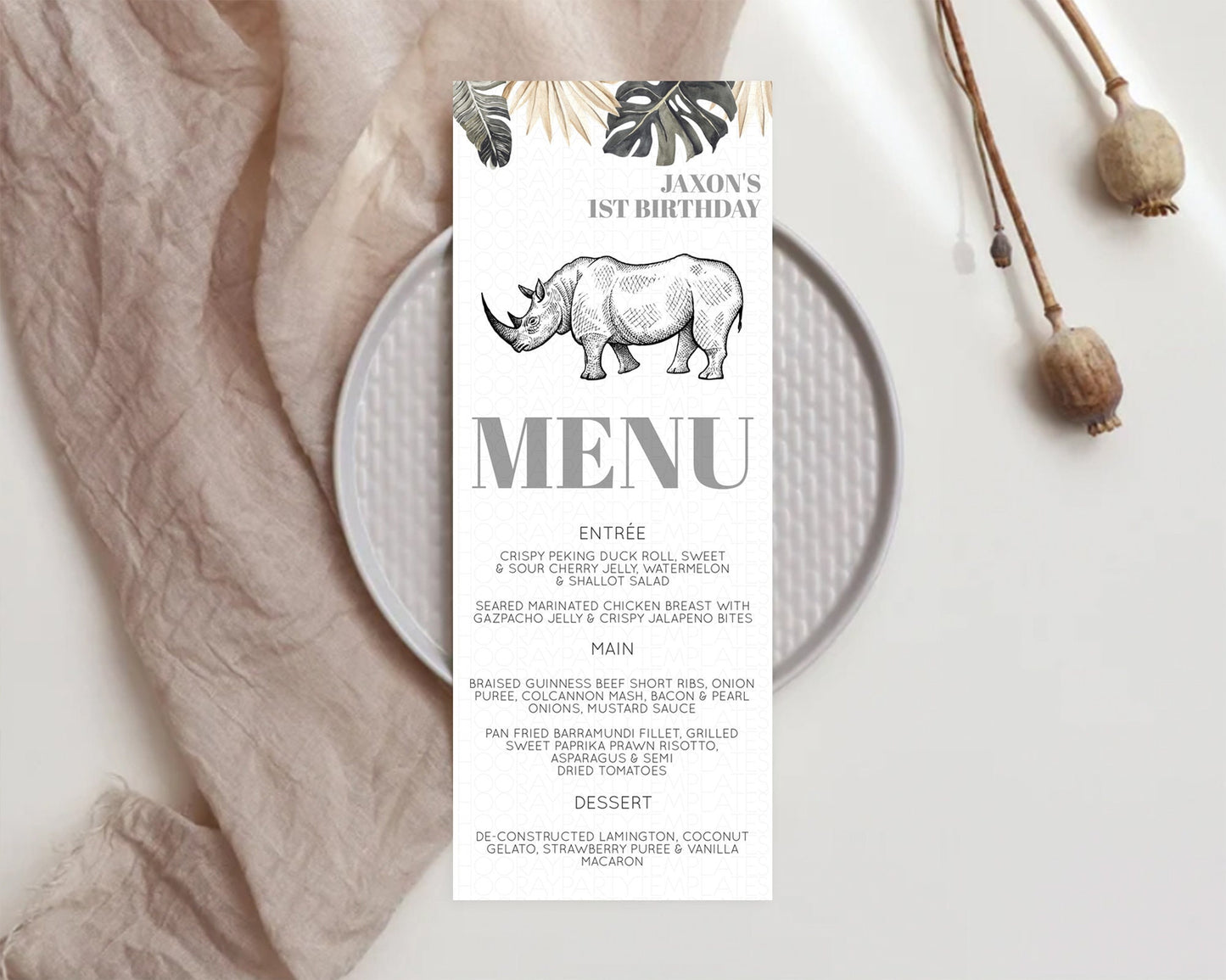 Rhino Menu Rhino Menu Template Rhino Party Table Decor Safari Adventure Decor Rhino Dinner Dessert Menu Rhino Party Food Menu D10826