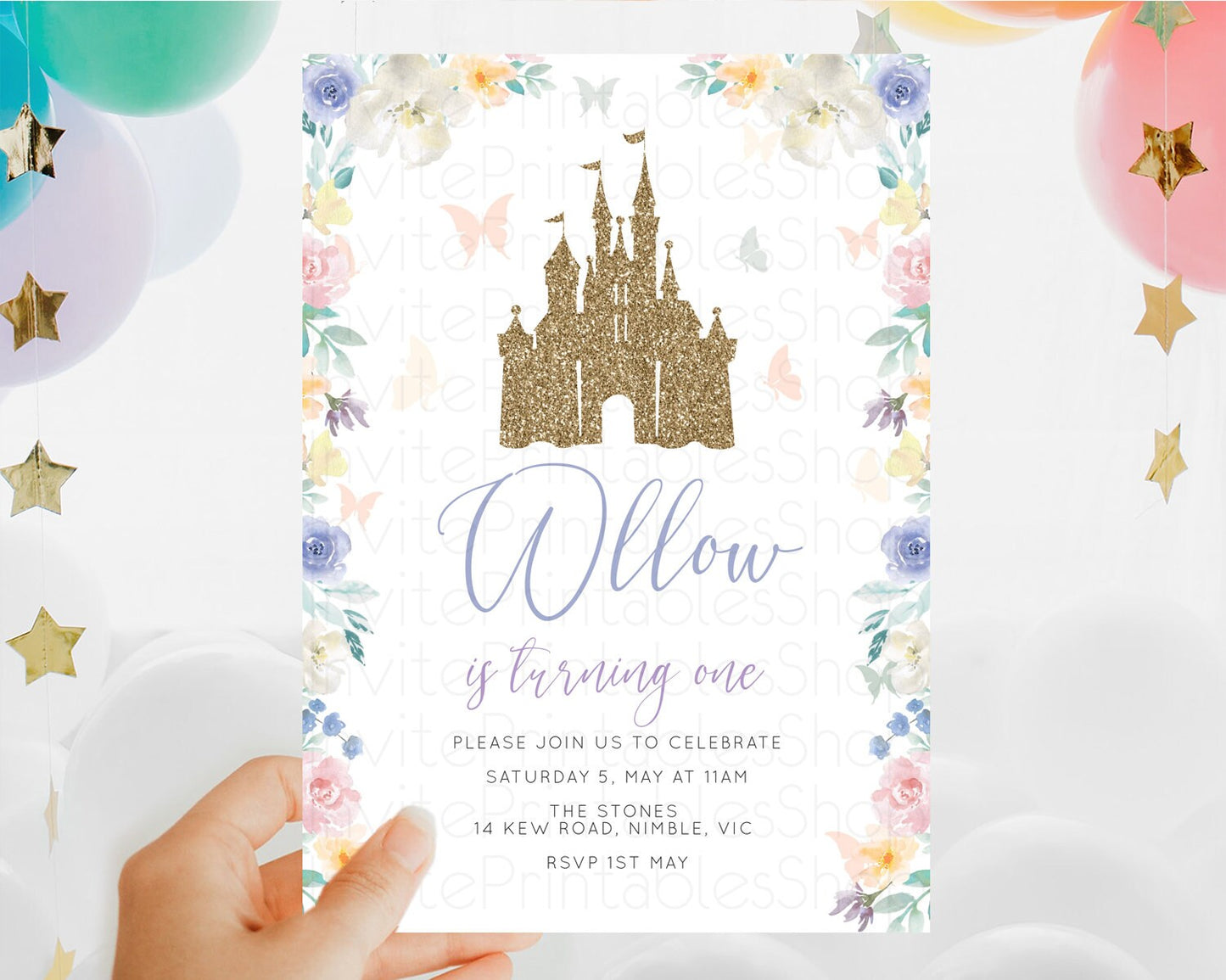 Princess Birthday Invitation Castle Invitation Royal Birthday Fairy Tale Enchanted Castle Pastel Floral Garden 1st First Birthday D10931