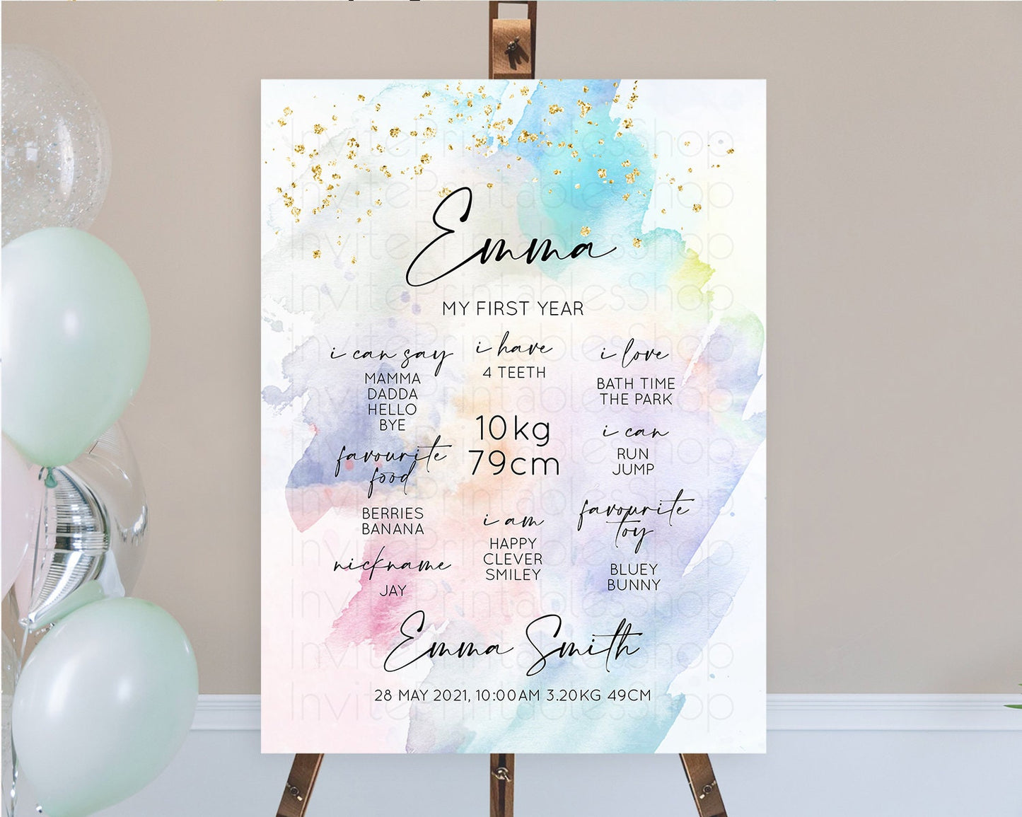 Pastel First Birthday Milestone Board Pastel Rainbow Milestone Poster Colorful Confetti Watercolor Glitter 1st Birthday Welcome Sign D10420