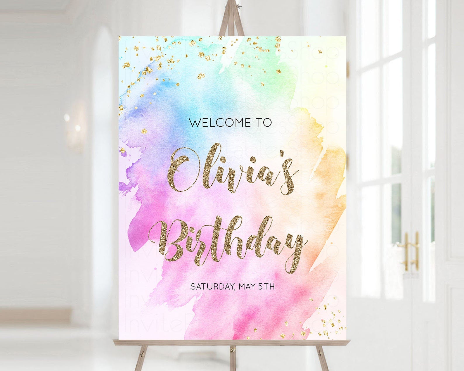 Editable Rainbow Welcome Sign Pastel Watercolor Welcome Board Gold Glitter S
