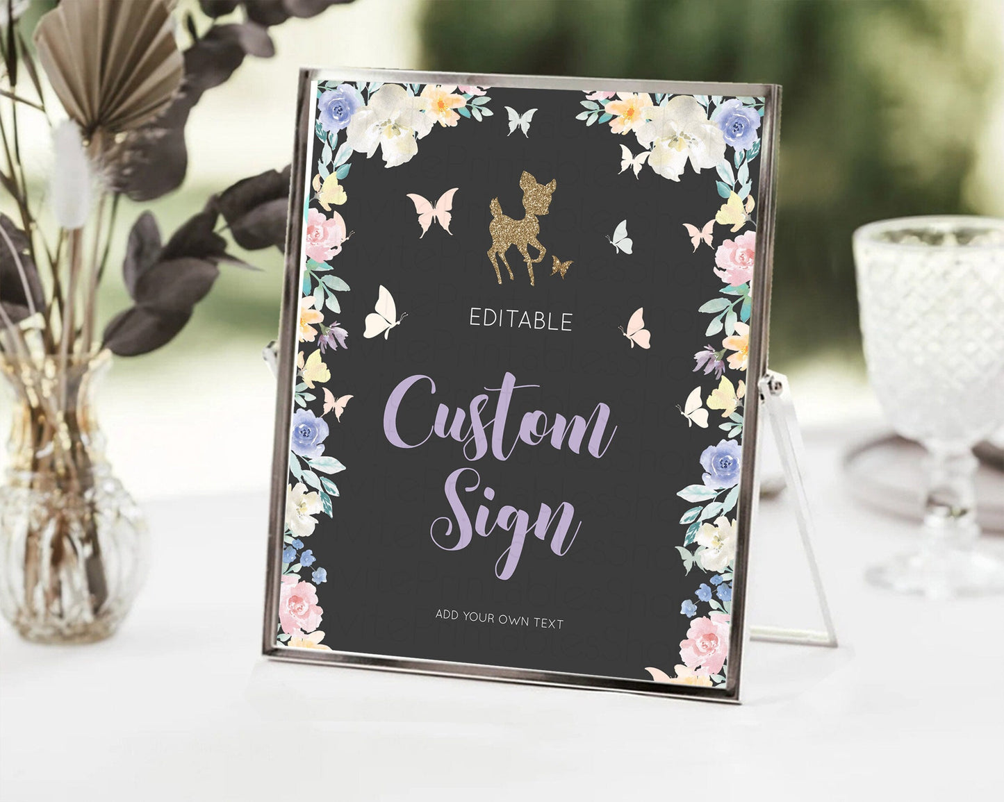 Fawn Deer Sign Pastel Floral Deer Table Sign Decor Enchanted Forest Butterfly Party 1st Birthday Baptism Baby Shower Bridal Shower D10880