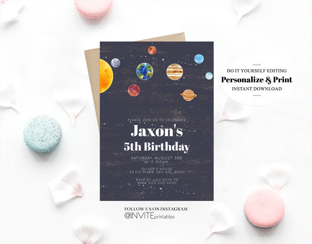 Space Birthday Invitation Spaceship Blast Off Night Sky Stars Planets Rocket Ship Moon Galaxy Milkyway Solar System Custom Invite