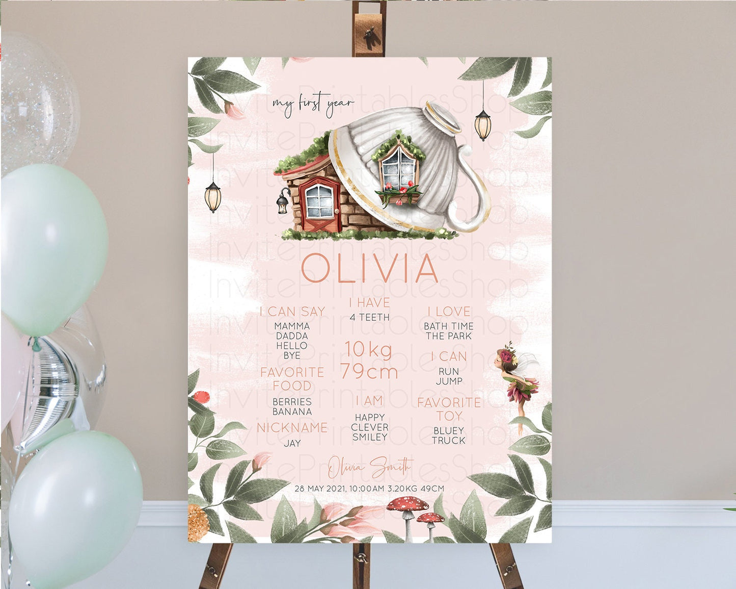 Fairy First Birthday Milestone Poster Fairy Secret Garden Milestone Board Enchanted Garden Pastel Floral Butterfly 1st Birthday Sign D10563