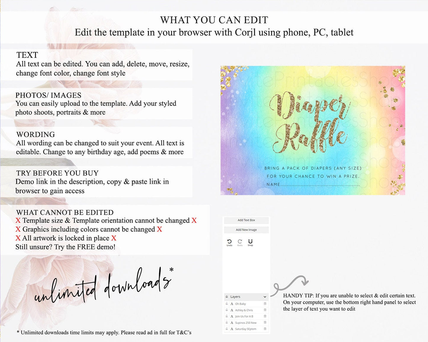 Tie Dye Diaper Raffle Card Rainbow Tie Dye Diaper Raffle Insert Pastel Rainbow Watercolor Diaper Ticket Tie Dye Colors Raffle Game D10568