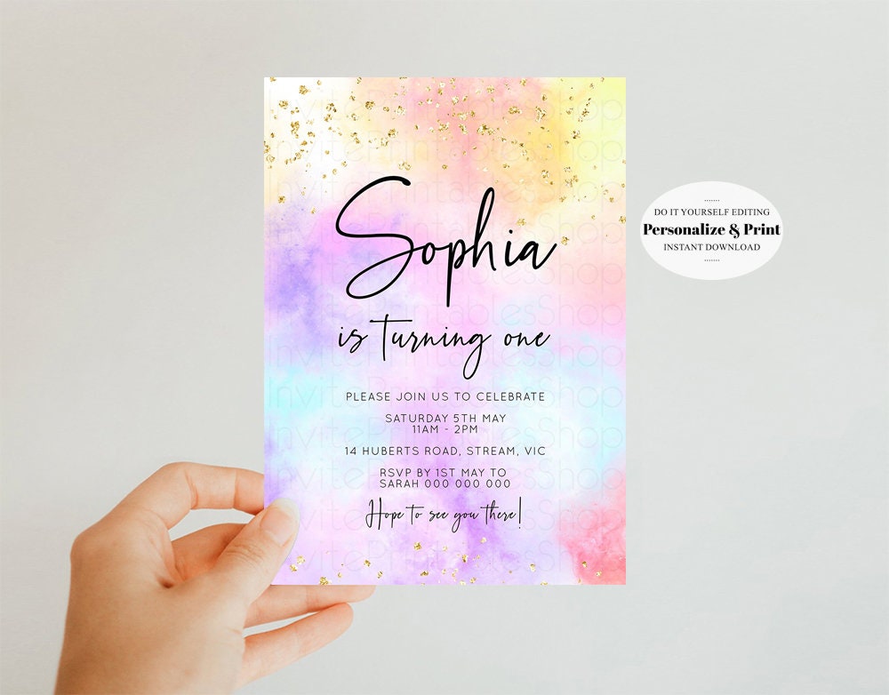 Rainbow Birthday Invitation Pastel Birthday Invitation Rainbow Watercolor Invite Confetti Pastel Invitation Glitter Sprinkles Invite 499