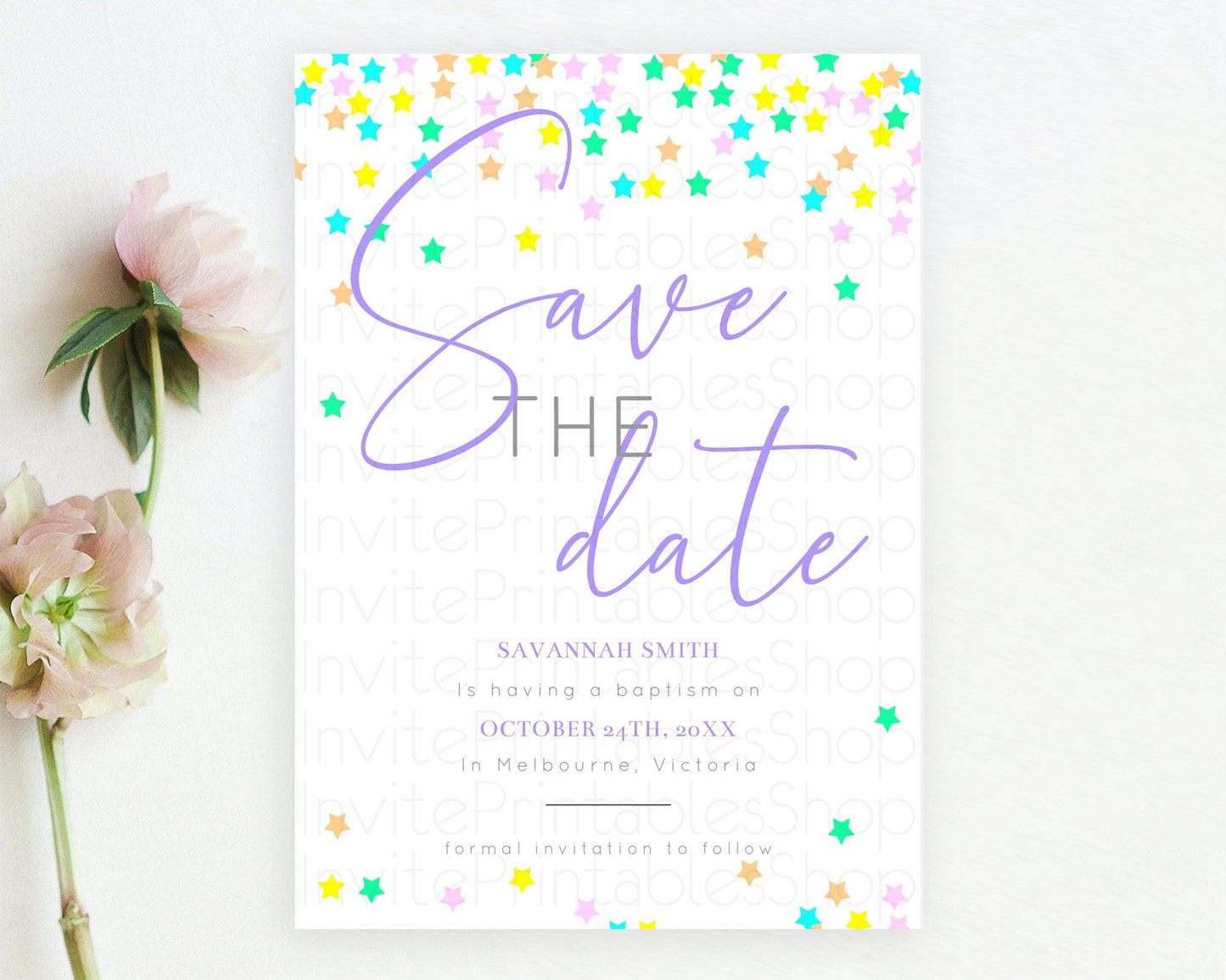 Twinkle Stars Save The Date Template Pastel Twinkle Little Star Party Shooting Star Confetti Sprinkles Birthday Baptism Baby Shower D10394
