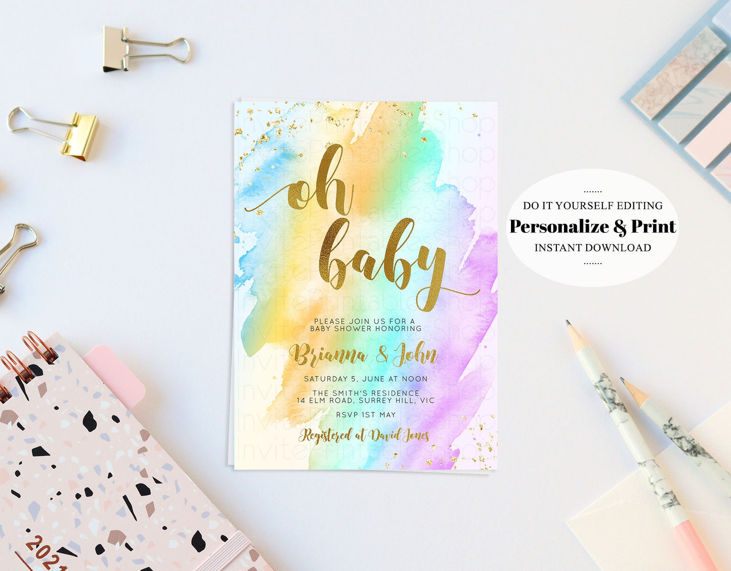 Rainbow Baby Shower Invitation Watercolor Pastel Invitation Colorful Splash Baby Shower Invite Gold Glitter Sprinkles Ombre Invite 489