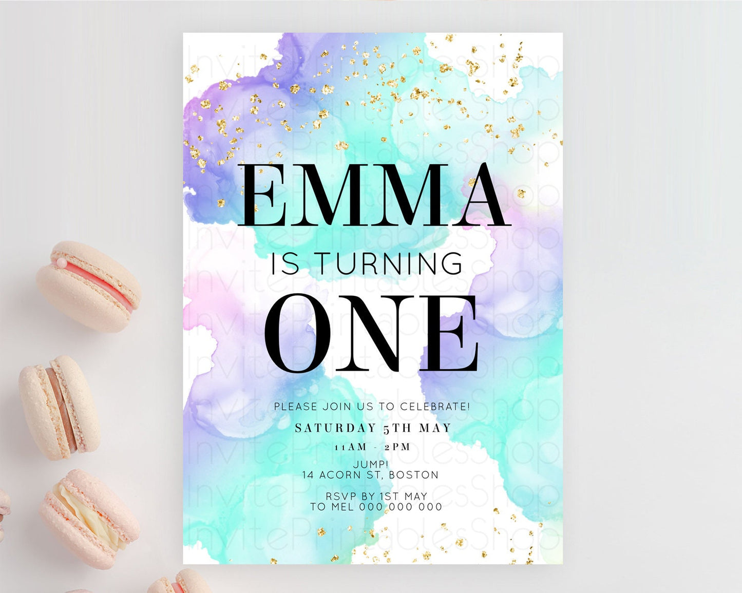 Rainbow Birthday Invitation Colorful Pastel Watercolor Invitation Gold Glitter Sprinkles Ombre Pastel 1st 2nd 3rd Birthday D10212