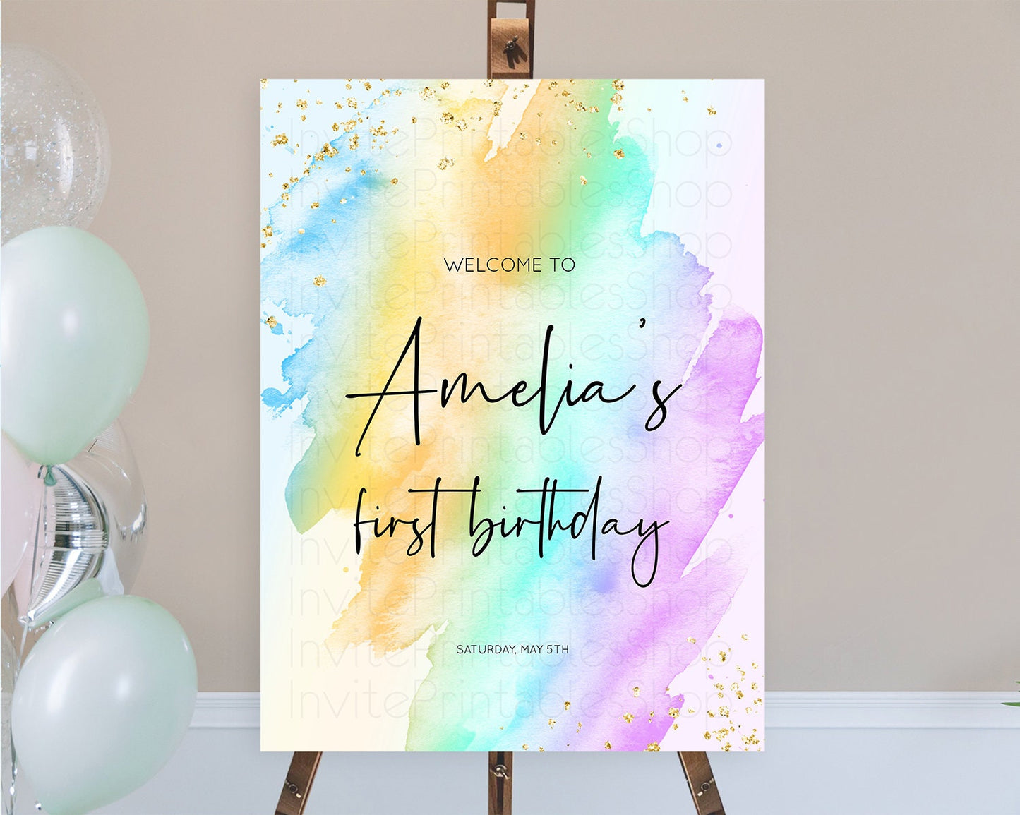 Pastel Welcome Sign Pastel Rainbow Welcome Sign Colorful Rainbow Confetti Watercolor Glitter Pastel First Birthday Welcome Sign D10427